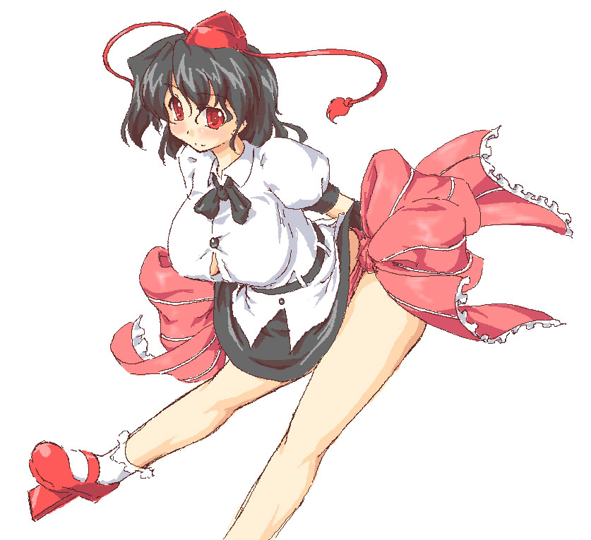 lute (apocalypselibrary), shameimaru aya, touhou, 1girl, black hair, blush, bow, breasts, female focus, geta, hat, large breasts, looking at viewer, oekaki, red eyes, ribbon, short hair, skirt, smile, solo, tokin hat