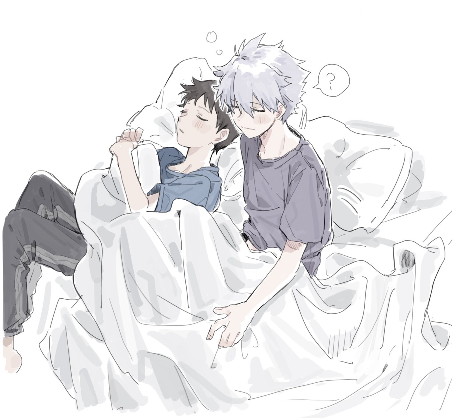 ikari shinji, nagisa kaworu, neon genesis evangelion, highres, 2boys, ?, bed sheet, black pants, blue shirt, blush, brown hair, closed eyes, grey hair, hair between eyes, m3gris3, male focus, multiple boys, on bed, pants, pillow, purple shirt, shirt, short hair, sleeping, sleeping together, spoken question mark, waking up, yaoi