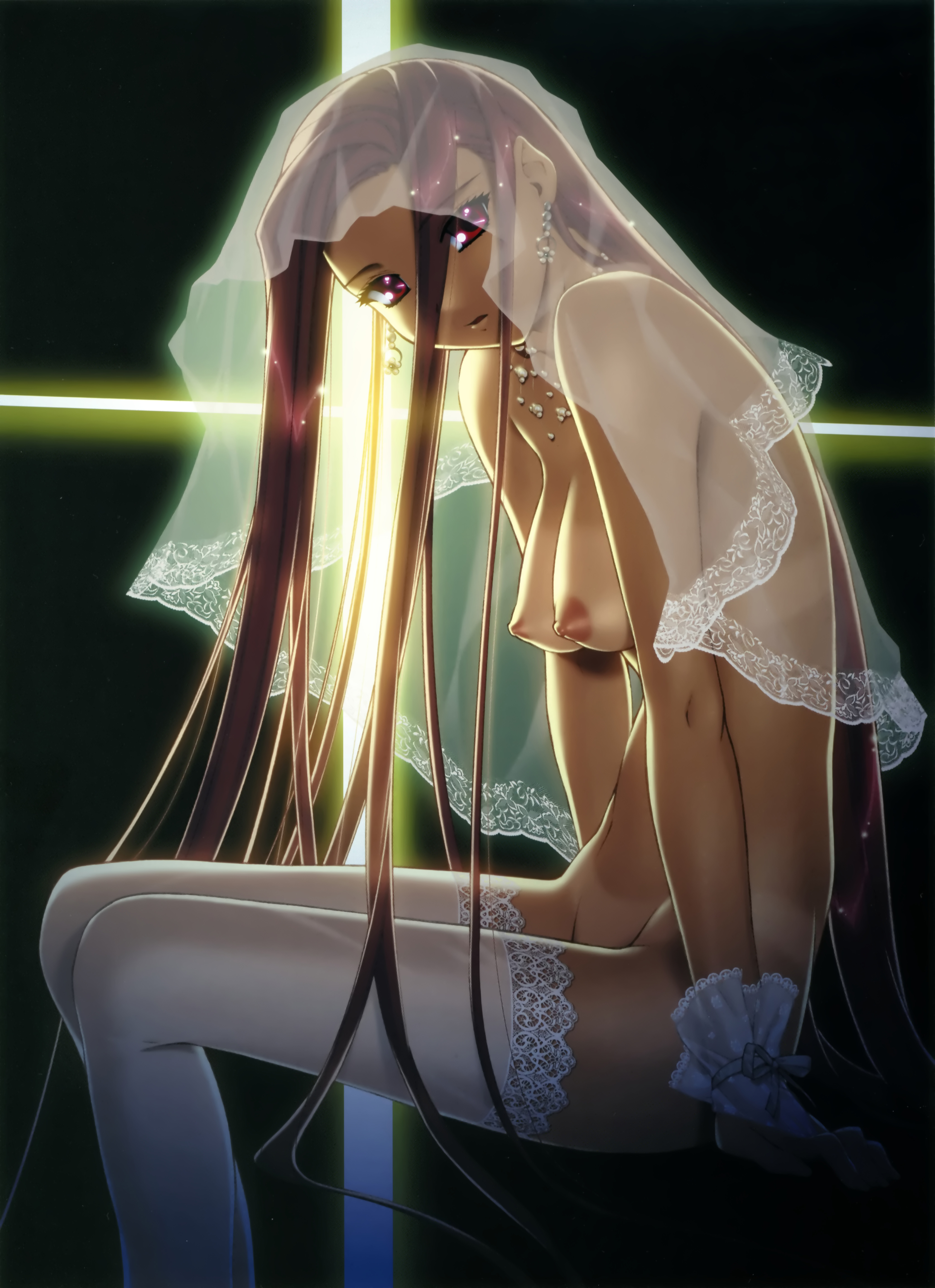 ino (magloid), kiryuu iyori, izayoi no hanayome, lace-trimmed legwear, absurdres, highres, non-web source, 1girl, bikini tan, breasts, bridal veil, brown hair, female focus, gloves, lace, lace trim, legs, long hair, nipples, nude, red eyes, sitting, solo, tan, tanline, thighhighs, thighs, veil, white thighhighs