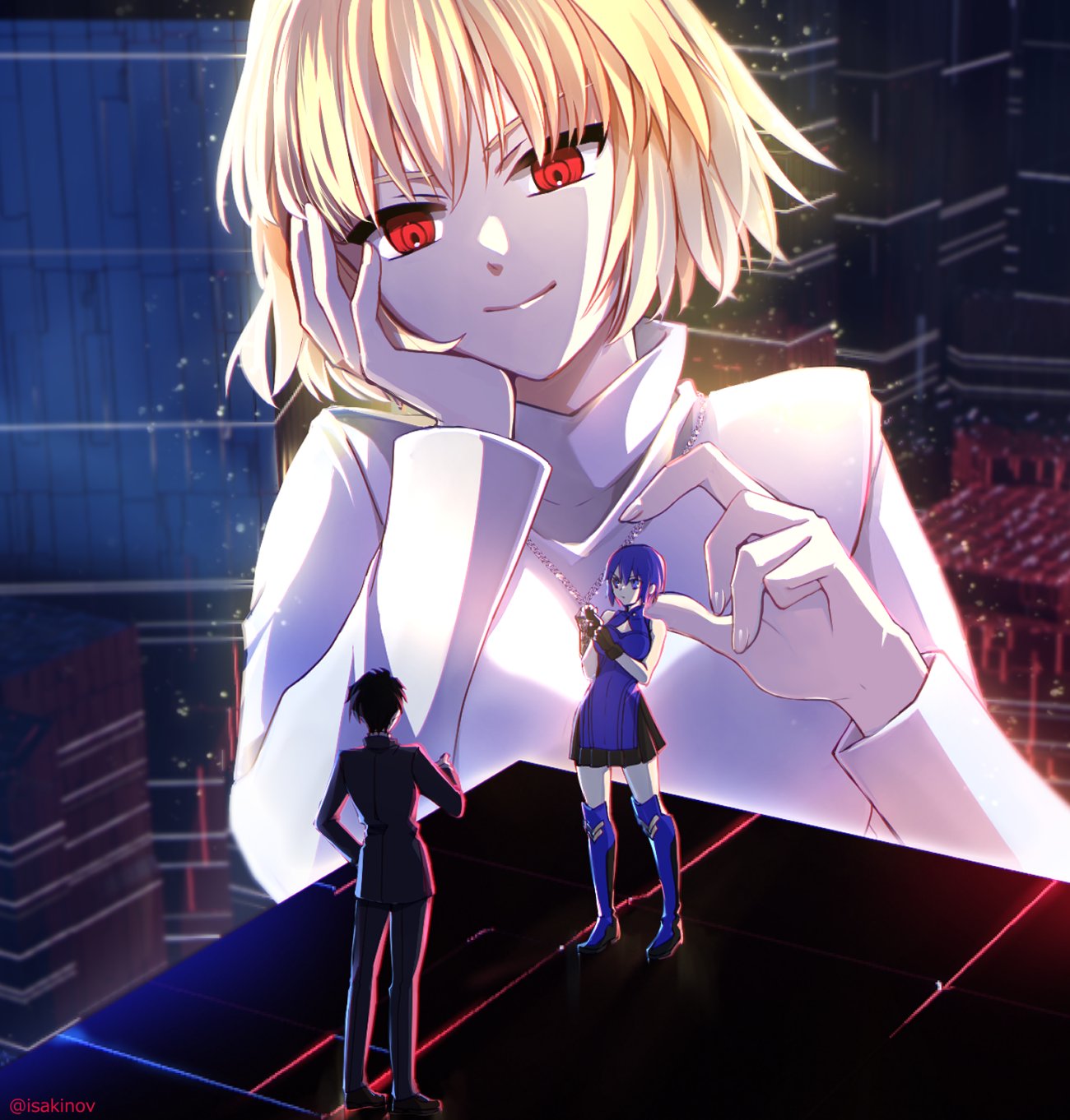kaisaki, sukiniyaru, arcueid brunestud, ciel (tsukihime), powered ciel, red arcueid, tohno shiki, tsukihime, tsukihime (remake), highres, 1boy, 2girls, adjusting clothes, adjusting gloves, black hair, blonde hair, blue boots, blue eyes, blue hair, boots, building, city, cleavage cutout, clothing cutout, dress, giant, giantess, gloves, hair between eyes, hair intakes, hand on own cheek, hand on own face, hand on own hip, jewelry, light smile, looking at another, miniskirt, multiple girls, necklace, partially shaded face, reaching, reaching towards another, red eyes, school uniform, short hair, size difference, skirt, sleeveless, sleeveless dress, smile, souya high school uniform, sweater, thigh boots, turtleneck, turtleneck sweater, white sweater