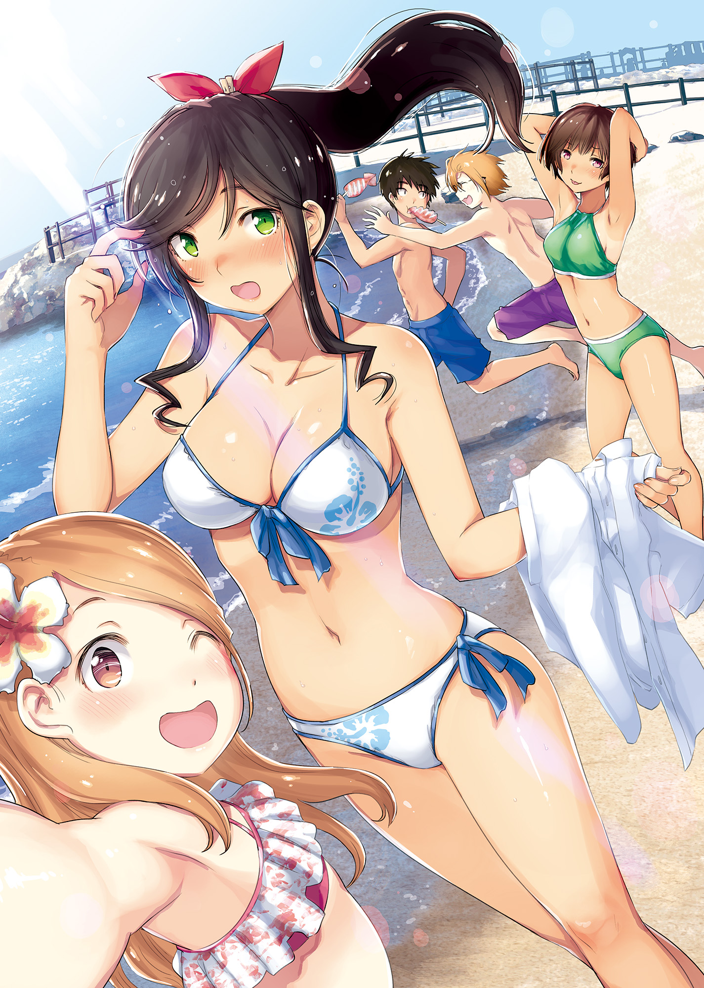 hattori mitsuru, kinme wakana, wakasagi kuriru, hashtag-only commentary, highres, 2boys, 3girls, :d, ;d, armpits, arms behind head, bare shoulders, beach, bikini, black hair, blue shorts, blue sky, blush, breasts, brown eyes, brown hair, cleavage, collarbone, day, feet out of frame, floating hair, flower, frilled bikini, frills, glasses, green bikini, hair flower, hair ornament, halterneck, high ponytail, holding, holding shirt, holding unworn clothes, ishimochi kyuushou, katakuchi nairo, kirei ni shitemoraemasuka, lens flare, light rays, long hair, long sidelocks, looking at viewer, male swimwear, marine day, medium breasts, multiple boys, multiple girls, navel, ocean, one eye closed, open mouth, outdoors, outstretched arm, pier, ponytail, purple shorts, reaching, reaching towards viewer, red eyes, running, selfie, shirt, short hair, shorts, side-tie bikini bottom, side part, sidelocks, sky, smile, standing, sunbeam, sunlight, swim trunks, swimsuit, topless male, unworn shirt, upper body, wakasagi moruda, white bikini