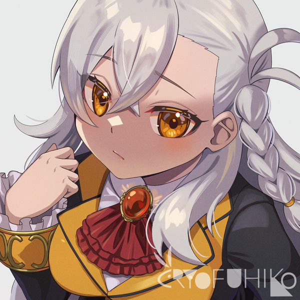 ryofuhiko, olga marie animusphere, fate/grand order, fate (series), commentary request, 1girl, antenna hair, ascot, braid, brooch, closed mouth, crossed bangs, frilled sleeves, frills, grey hair, hair between eyes, jewelry, long sleeves, looking at viewer, red ascot, simple background, solo, white background