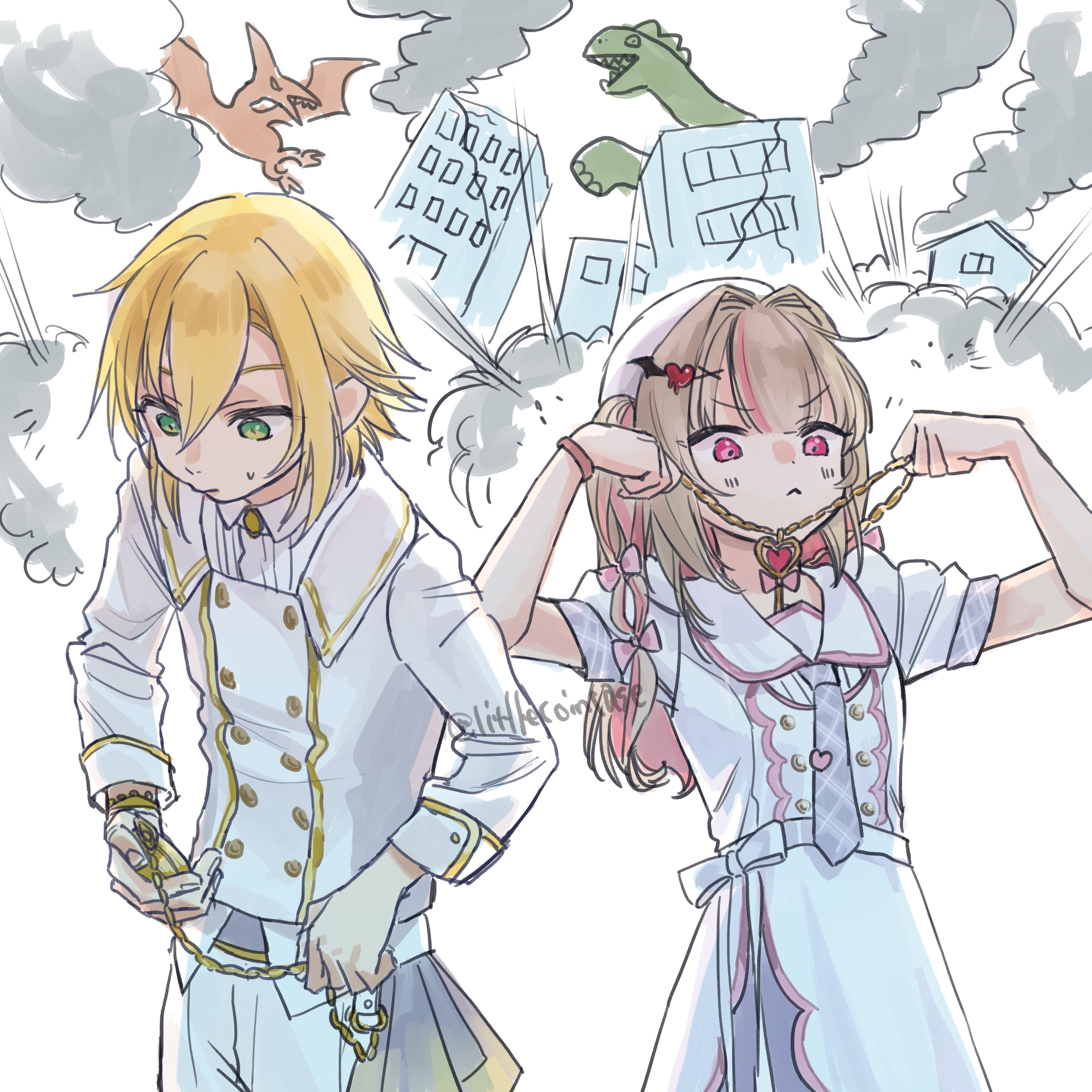 koze niire, makaino ririmu, uzuki kou, nijisanji, absurdres, highres, 1boy, 1girl, :<, beret, blonde hair, blunt bangs, blush, bow, buttons, closed mouth, collared shirt, colored inner hair, cowboy shot, double-breasted, dress, explosion, explosion background, flipped hair, furrowed brow, green eyes, grey hair, hair between eyes, hair bow, hair intakes, hair ornament, hair over shoulder, hair tie, hairpin, hat, heart, heart hair ornament, heart necklace, heart pendant, holding, holding jewelry, holding necklace, holding pocket watch, jewelry, kaiju, long hair, looking down, multicolored hair, necklace, necktie, official alternate costume, official alternate hairstyle, pants, pink bow, pink hair, pink streaks, plaid clothes, plaid necktie, pocket watch, pointy ears, puffy short sleeves, puffy sleeves, purple necktie, red eyes, ribbon, sailor collar, school uniform, shirt, short hair, short sleeves, side-by-side, sidelocks, standing, streaked hair, striped bow, sweatdrop, twitter username, two-tone hair, two side up, v-shaped eyebrows, virtual youtuber, waist ribbon, watch, white background, white dress, white hat, white pants, white ribbon, white sailor collar, white shirt, winged hair ornament, x hair ornament