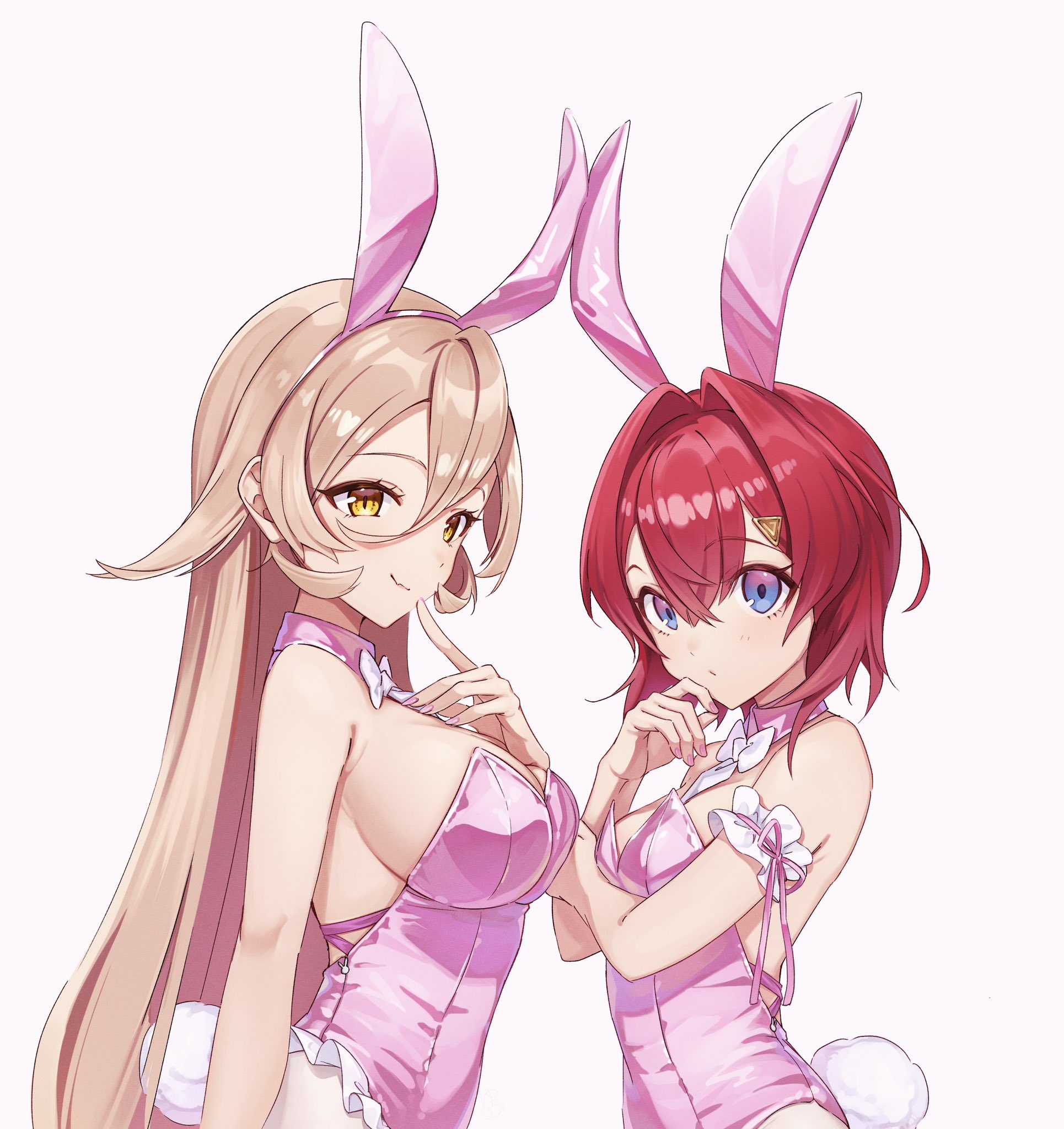 supersaiazin-kanako, ange katrina, nui sociere, nijisanji, commentary request, highres, variant set, 2girls, animal ear hairband, animal ears, arm garter, arm under breasts, backless leotard, bare arms, bare shoulders, blonde hair, blue eyes, bow, bowtie, breasts, closed mouth, detached collar, double-parted bangs, eyelashes, fake animal ears, fake tail, fang, finger to mouth, frills, gradient eyes, hair between eyes, hair intakes, hair ornament, hairband, hand on own chest, hand on own chin, hand up, large breasts, leotard, long hair, looking at viewer, looking to the side, medium hair, multicolored eyes, multiple girls, nail polish, pink background, pink eyes, pink leotard, pink nails, playboy bunny, rabbit ear hairband, rabbit ears, rabbit tail, red hair, sideboob, simple background, skin fang, slit pupils, small breasts, smile, strapless, strapless leotard, tail, triangle hair ornament, very long hair, virtual youtuber, white bow, white bowtie, yellow eyes