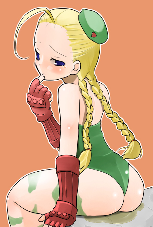 cammy white, capcom, street fighter, artist request, tagme, ass, blonde hair, blue eyes, blush, embarrassed, from behind, hair held back, leotard, looking back, peeing, peeing self, sitting