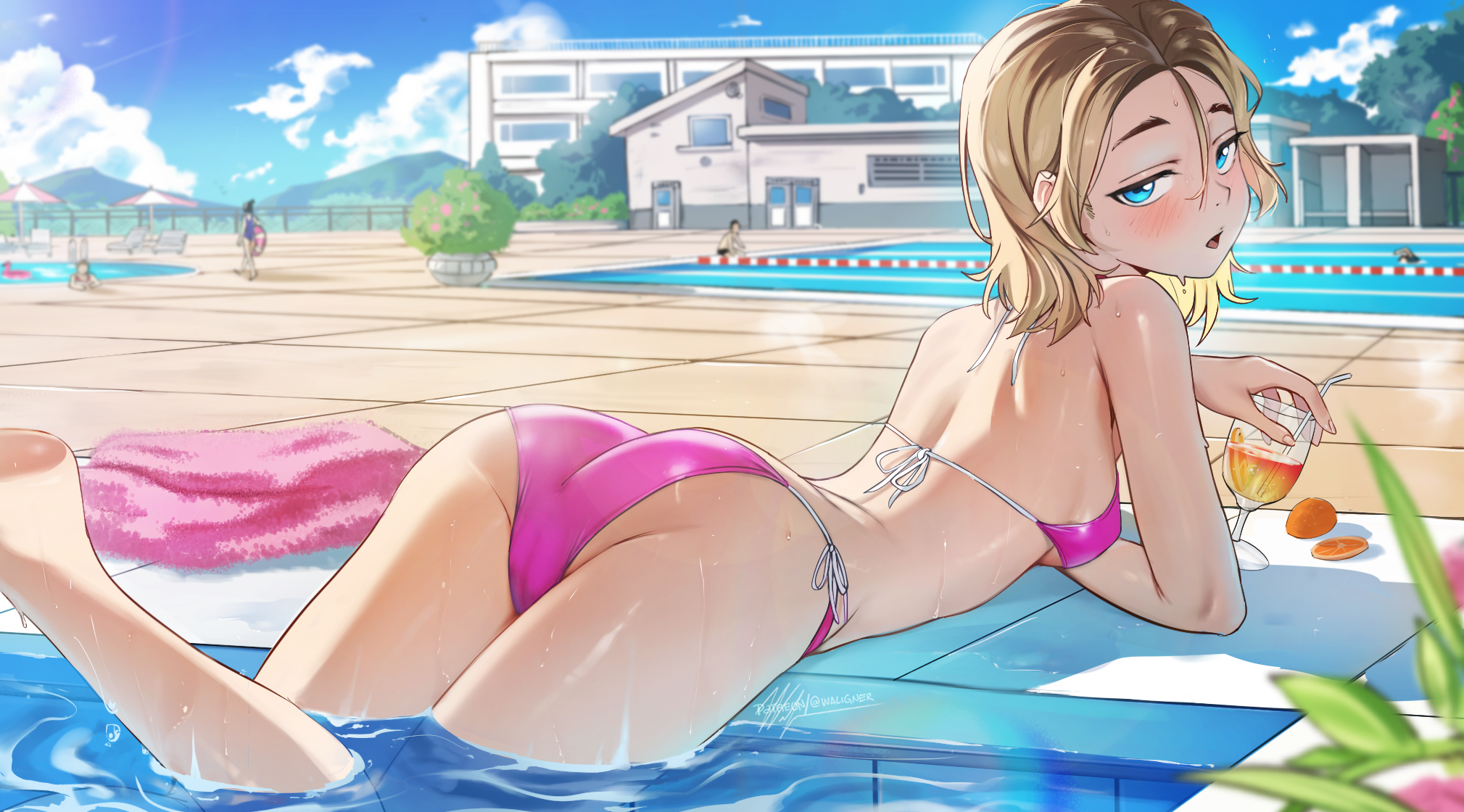 waligner, original, highres, 1girl, ass, bikini, blonde hair, blue eyes, blush, breasts, cup, drinking glass, drinking straw, food, fruit, holding, holding cup, looking at viewer, lying, medium hair, multicolored hair, on stomach, orange (fruit), orange hair, pink bikini, pool, roots (hair), side-tie bikini bottom, small breasts, solo focus, swimsuit, towel, wading, wine glass