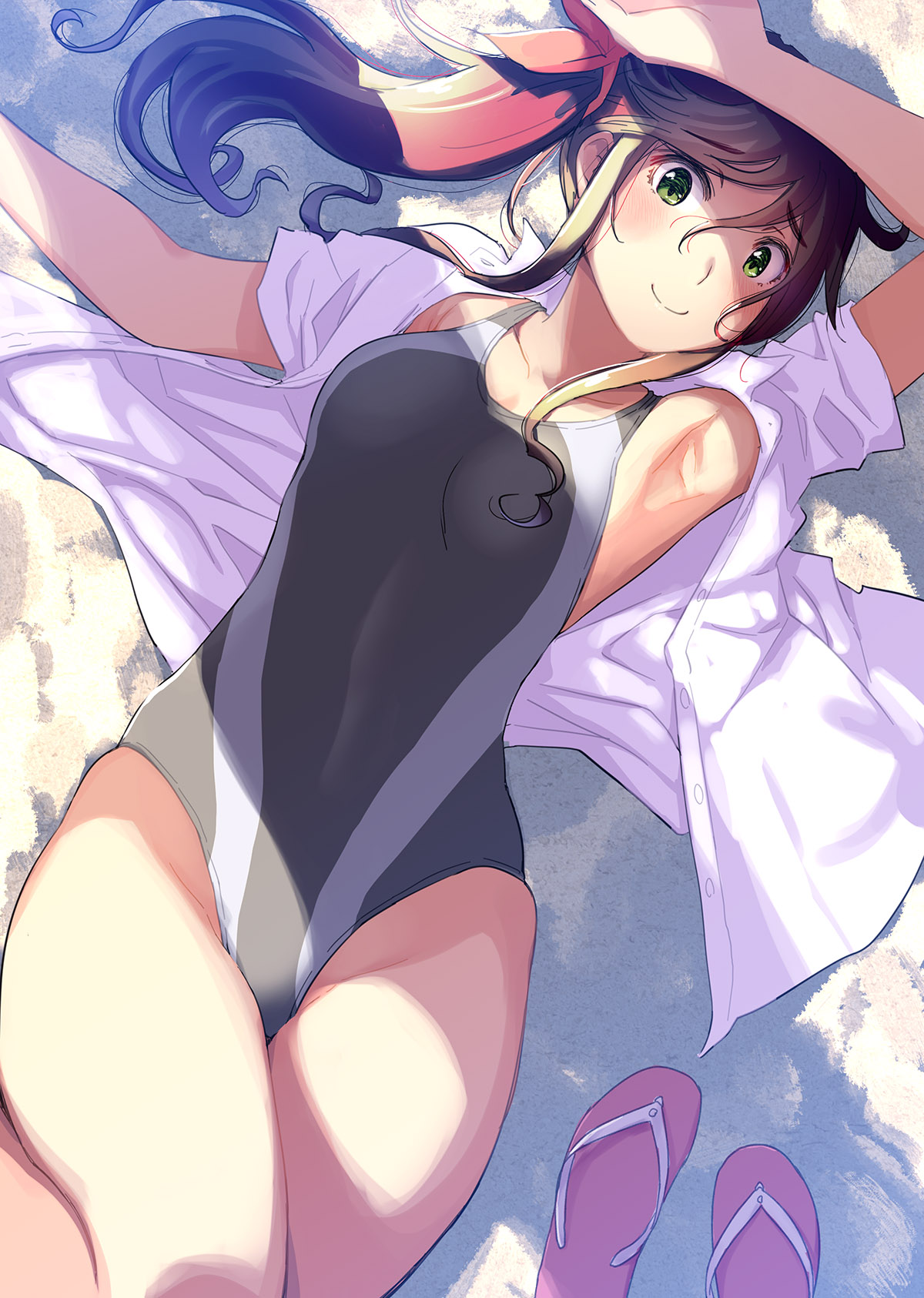 hattori mitsuru, kinme wakana, commentary request, highres, 1girl, black one-piece swimsuit, blush, breasts, brown hair, collarbone, collared shirt, competition swimsuit, cowboy shot, dress shirt, flip-flops, from above, green eyes, high ponytail, kirei ni shitemoraemasuka, long hair, looking at viewer, lying, medium breasts, no pants, on back, one-piece swimsuit, open clothes, open shirt, ponytail, sandals, shirt, short sleeves, sidelocks, small breasts, smile, solo, swimsuit, swimsuit under clothes, unbuttoned, unbuttoned shirt, unworn sandals, white shirt