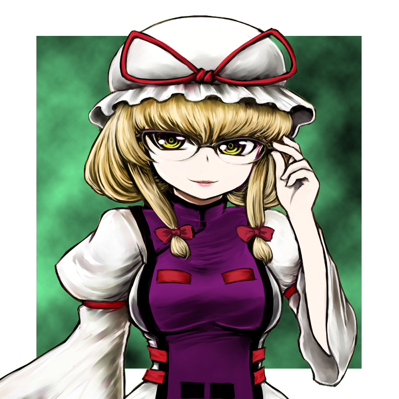renku, yakumo yukari, touhou, 1girl, adjusting eyewear, bespectacled, blonde hair, bow, breasts, female focus, glasses, hair bow, hat, pale skin, short hair, solo, yellow eyes