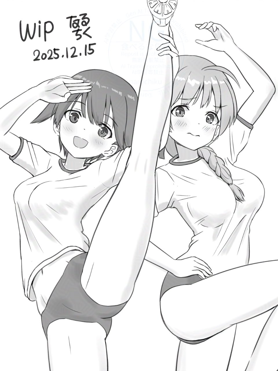 naruchisukisuki, lynette bishop, miyafuji yoshika, strike witches, world witches series, highres, unfinished, 2girls, blush, braid, breasts, embarrassed, flexible, gym uniform, happy, large breasts, long hair, long sleeves, looking at viewer, medium breasts, monochrome, multiple girls, open mouth, shirt, shoes, short hair, shorts, simple background, single braid, smile, sneakers, standing, standing on one leg