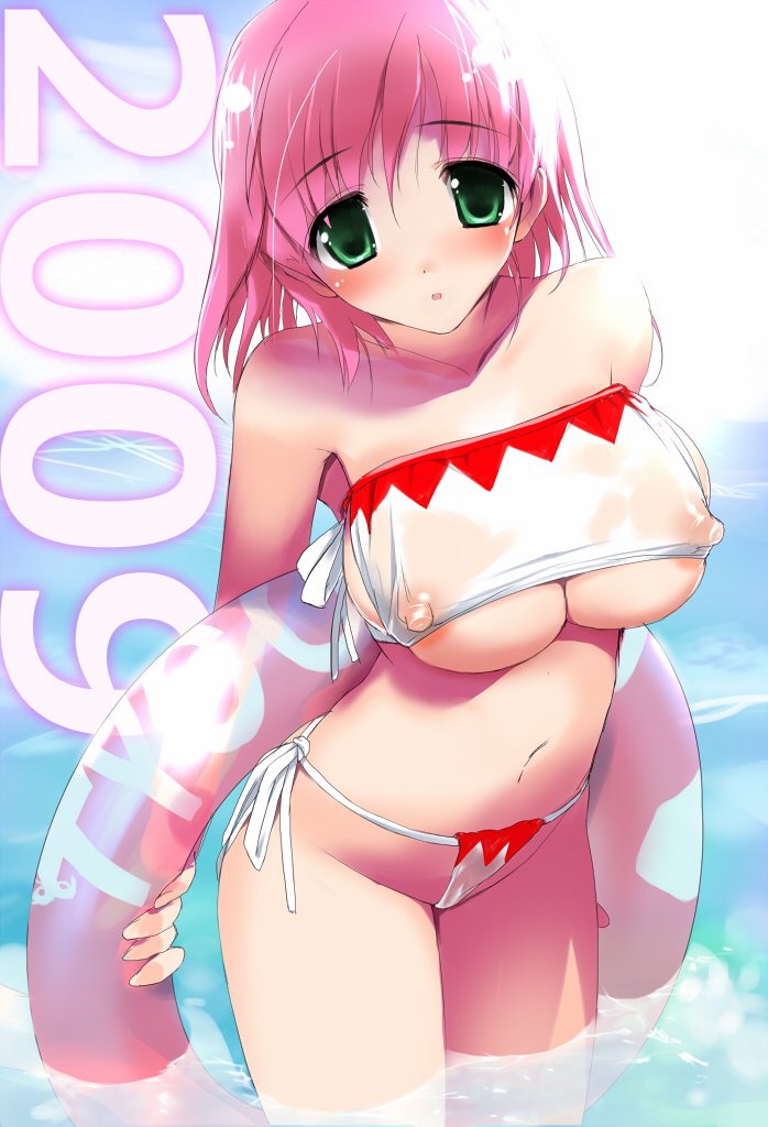 hima, lenna charlotte tycoon, white mage (final fantasy), final fantasy, final fantasy v, bad id, bad pixiv id, 00s, 1990s (style), 1girl, 2009, bare shoulders, beach, bikini, breasts, covered erect nipples, female focus, green eyes, innertube, large breasts, pink hair, retro artstyle, see-through clothes, short hair, side-tie bikini bottom, solo, swim ring, swimsuit, underboob, water