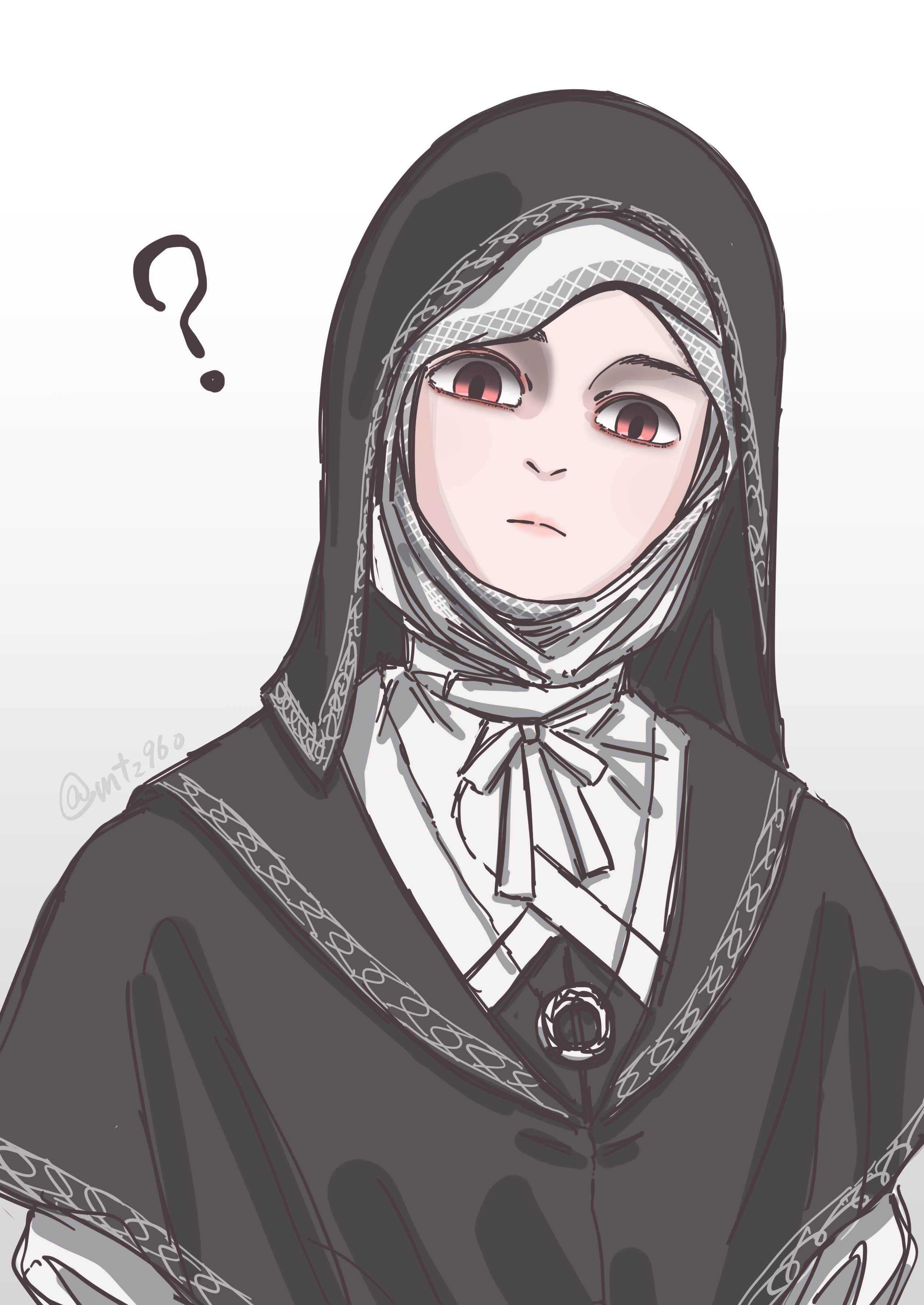 motizou, undertaker (elden ring), elden ring, elden ring nightreign, absurdres, commentary request, highres, 1girl, ?, black capelet, black hood, brown eyes, capelet, closed mouth, coif, jewelry, necklace, nun, simple background, solo, upper body, white background