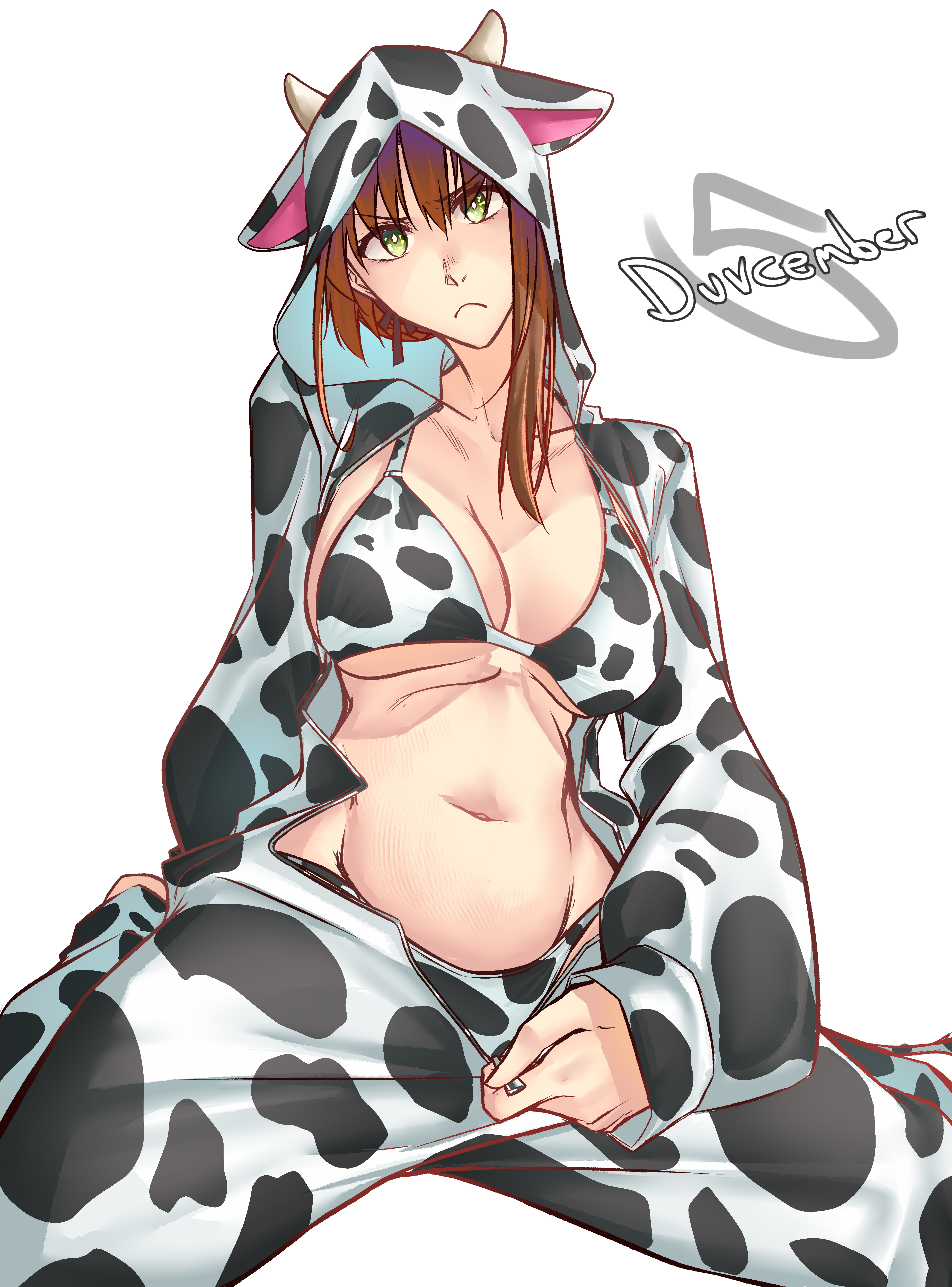 moren eh, duvalie, eiyuu densetsu, sen no kiseki (series), absurdres, commentary, english commentary, highres, 1girl, braid, breasts, brown hair, bun with braided base, cleavage, closed mouth, collarbone, cow horns, cow print bra, cow print hoodie, cow print panties, dated, english text, front zipper, frown, green eyes, hair between eyes, hair bun, horns, large breasts, looking at viewer, short hair, single hair bun, single sidelock, sitting, solo, unzipped, unzipping, upper body