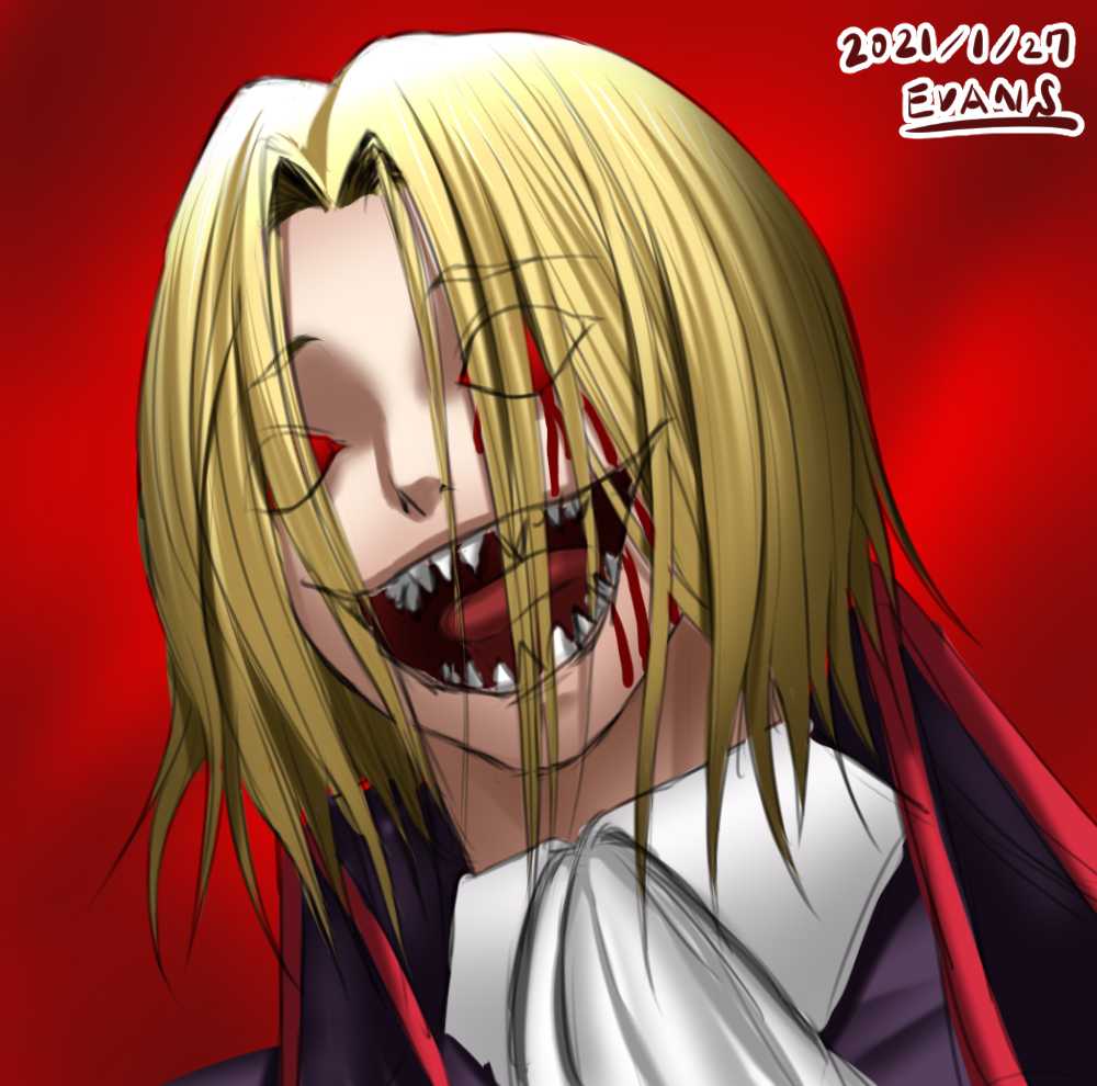 giruba, night of wallachia, melty blood, tsukihime, commentary request, 1boy, ascot, blonde hair, blood, bloody tears, brown cape, cape, coat, crazy smile, formal clothes, male focus, medium hair, open mouth, profile, purple coat, red background, red eyes, sharp teeth, smile, teeth, vampire, wavy hair