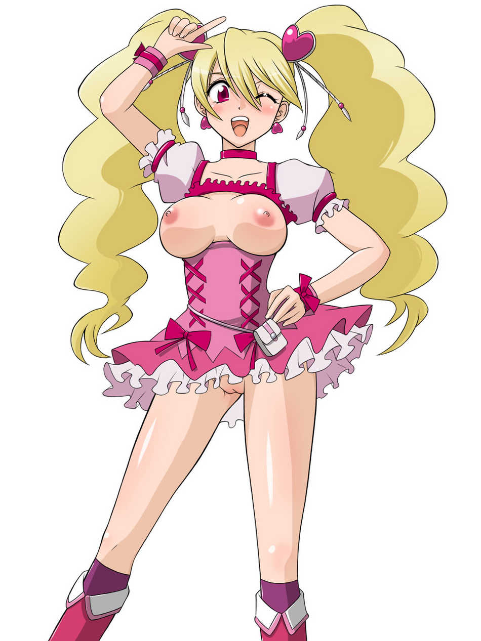 cure peach, momozono love, fresh precure!, precure, highres, jpeg artifacts, blush, no panties, pussy, smile, uncensored, wink