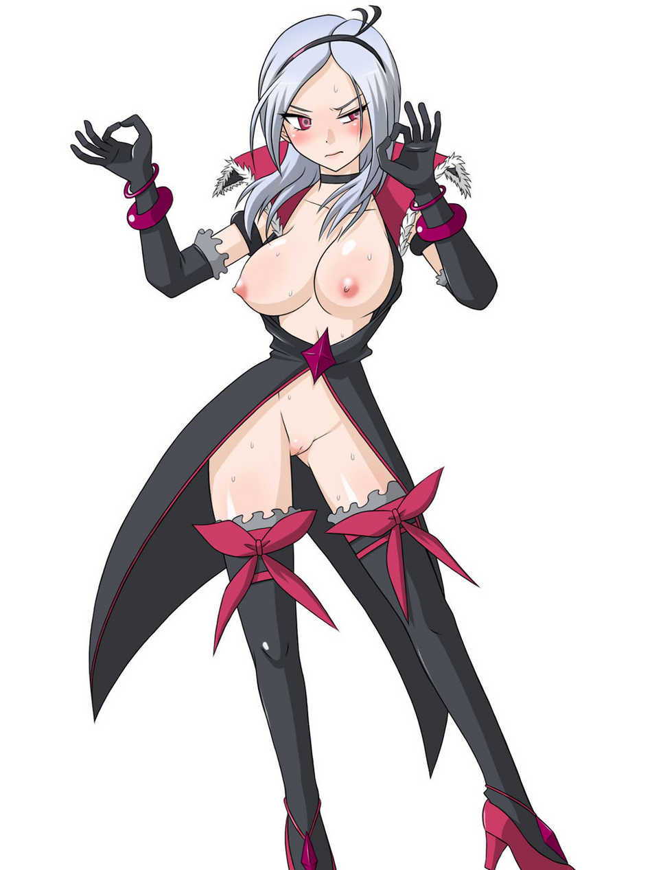 eas, higashi setsuna, fresh precure!, precure, silver hair, highres, jpeg artifacts, blush, breasts, gloves, nipples, no bra, no panties, pink eyes, pussy, thighhighs, uncensored