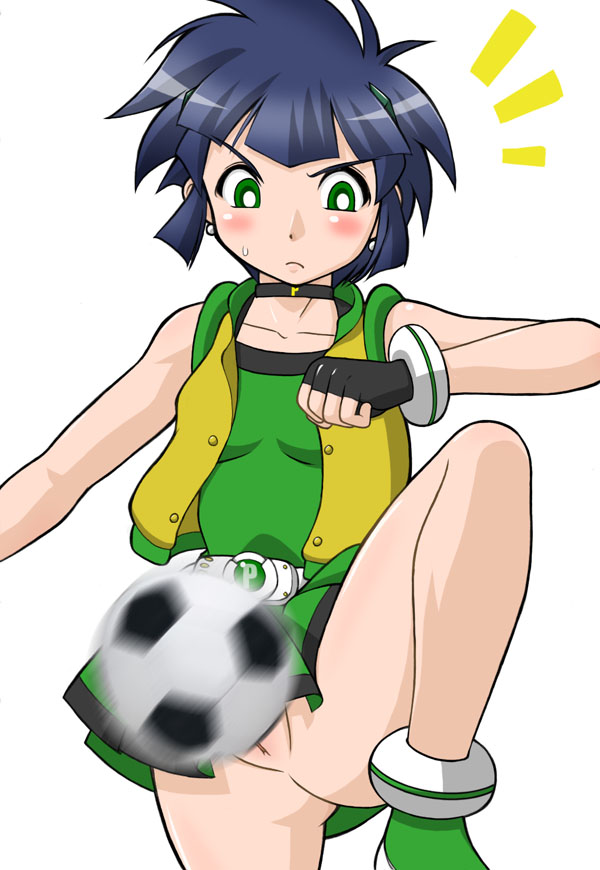 hanamiya mitsuhiko, matsubara kaoru, powered buttercup, powerpuff girls, powerpuff girls z, 00s, ass, ball, blue hair, blush, cleft of venus, fingerless gloves, gloves, green eyes, loli, no panties, pussy, short hair, soccer, vest