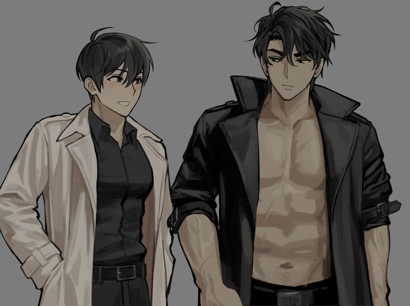 keomikan, kim dokja, yoo joonghyuk, omniscient reader's viewpoint, commentary, english commentary, 2boys, abs, black coat, black eyes, black hair, coat, cowboy shot, grin, hand in pocket, looking at another, male focus, multiple boys, multiple scars, muscular, muscular male, open clothes, open coat, pectoral cleavage, pectorals, popped collar, scar, scar on arm, scar on chest, short hair, sleeves rolled up, smile, topless male, white coat