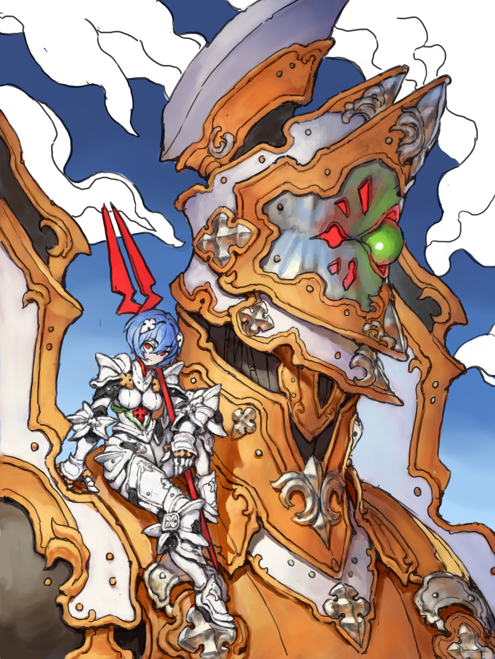 nrcgray, ayanami rei, neon genesis evangelion, commentary, english commentary, highres, making-of available, paid reward available, 1girl, alternate costume, alternate universe, armor, blue background, blue hair, boobplate, boots, breastplate, breasts, closed mouth, couter, crotch plate, cuirass, cuisses, fantasy, faulds, full body, gauntlets, gorget, greaves, hair between eyes, headgear, holding, holding polearm, holding weapon, knight, lance of longinus (evangelion), looking at viewer, mecha, medium breasts, pauldrons, plate armor, polearm, poleyn, red eyes, robot, sabaton, short hair, shoulder armor, sitting, solo, thigh armor, weapon, white armor