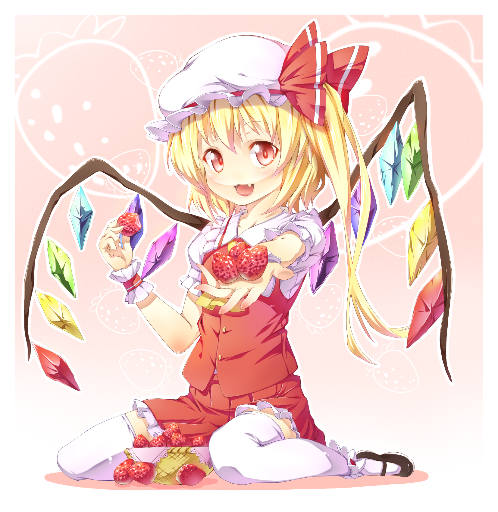 kazuma (kazumav), flandre scarlet, touhou, highres, 1girl, blonde hair, fang, female focus, food, fruit, full body, hat, holding, holding food, holding fruit, mary janes, one side up, ponytail, red eyes, shoes, short hair, side ponytail, solo, strawberry, thighhighs, wings, wrist cuffs