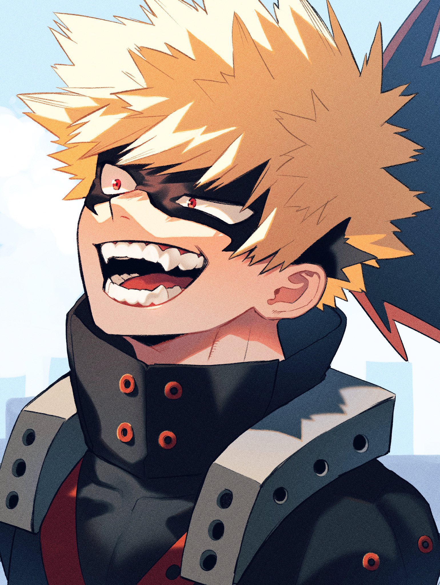 chacha (ochaco gnsn), bakugou katsuki, boku no hero academia, commentary request, highres, 1boy, black mask, black shirt, blonde hair, collared shirt, eye mask, male focus, mask, open mouth, portrait, red eyes, shirt, short hair, solo, spiked hair, superhero costume, teeth, tongue