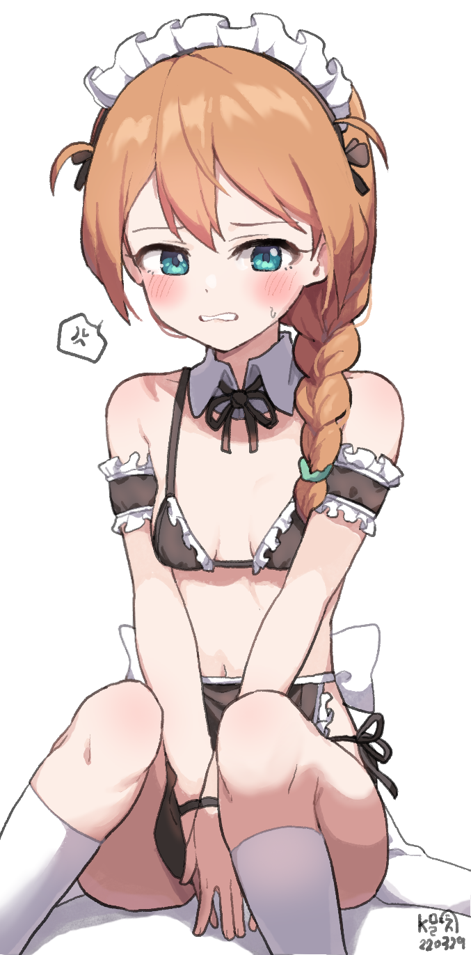 myeolchi, baba konomi, idolmaster, idolmaster million live!, highres, 1girl, anger vein, apron, aqua eyes, arm strap, back bow, between legs, bikini, black bikini, black ribbon, blush, bow, braid, breasts, brown hair, clenched teeth, covering crotch, covering privates, detached collar, embarrassed, frilled bikini, frills, hair between eyes, hand between legs, looking to the side, maid, maid apron, maid bikini, maid headdress, medium hair, midriff, navel, on floor, ribbon, sideways glance, simple background, sitting, small breasts, socks, solo, speech bubble, string bikini, sweat, swimsuit, teeth, unconventional maid, v arms, white background, white bow, white socks, wristband