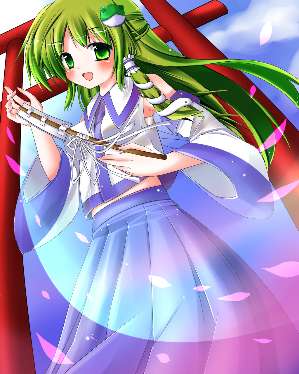 ayase miko, kochiya sanae, touhou, highres, 1girl, cloud, detached sleeves, female focus, frog, green eyes, green hair, hair ornament, long hair, outdoors, sky, smile, snake, solo, standing, torii
