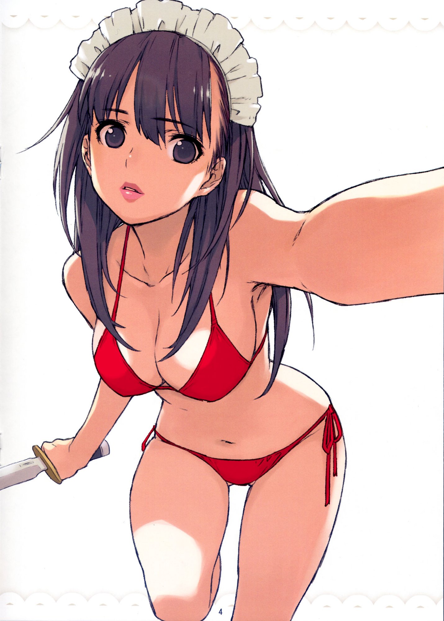 morisawa haruyuki, highres, 1girl, armpits, bikini, breasts, cleavage, female focus, knife, lips, long hair, maid, maid headdress, purple eyes, purple hair, red bikini, side-tie bikini bottom, solo, swimsuit, white background