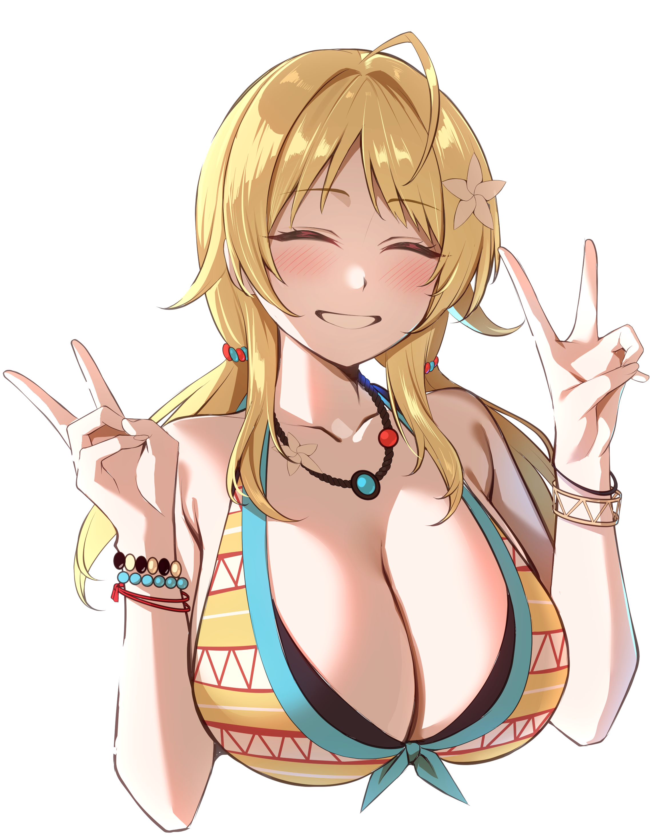 yoshimoto (carpsukidayo), hachimiya meguru, idolmaster, idolmaster shiny colors, absurdres, highres, 1girl, bead bracelet, beads, bikini, black bikini, blush, bracelet, breasts, closed eyes, double v, flower, grin, hair flower, hair ornament, jewelry, large breasts, layered bikini, long hair, multicolored bikini, necklace, side-tie bikini bottom, smile, solo, swimsuit, v, yellow bikini
