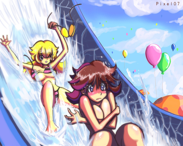nezutora, princess daisy, princess peach, mario (series), nintendo, super mario bros. 1, super mario land, 2girls, balloon, bikini, blonde hair, blush, breasts, brown hair, covering breasts, covering privates, large breasts, long hair, midriff, multiple girls, open mouth, outdoors, pixel 07, sky, swimsuit, topless female, wardrobe malfunction, water, water slide