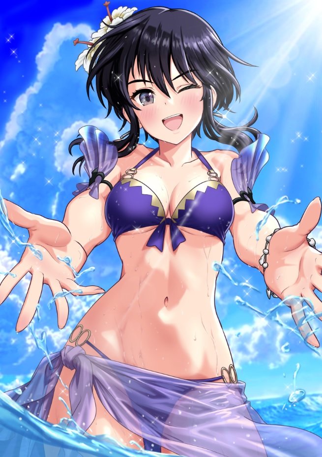 larcei (fire emblem), fire emblem, fire emblem: genealogy of the holy war, fire emblem heroes, nintendo, commission, skeb commission, 1girl, armlet, bikini, black hair, borrowed clothes, bracelet, breasts, cheenosuke, cleavage, cloud, flower, front-tie bikini top, front-tie top, hair flower, hair ornament, jewelry, navel, ocean, one eye closed, outdoors, partially submerged, see-through clothes, sidelocks, sky, solo, splashing, string bikini, swimsuit, swimsuit cover-up, underboob, water