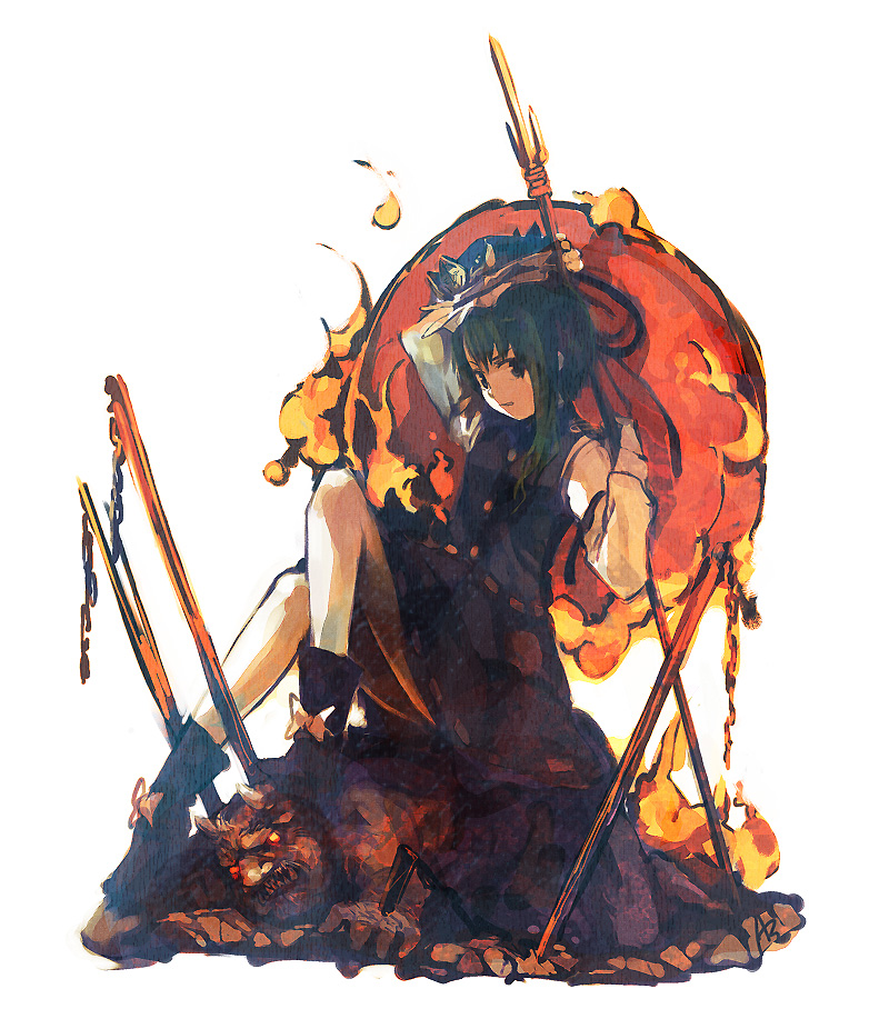 takishima asaka, shiki eiki, touhou, 1girl, chain, dress, female focus, green hair, hat, oni, polearm, shoes, short hair, simple background, sitting, solo, spear, weapon