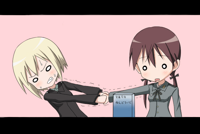 kyonshii (blackpooh), erica hartmann, gertrud barkhorn, strike witches, world witches series, uniform, bad id, bad pixiv id, translated, 00s, 2girls, blonde hair, brown hair, jealous, jiangshi, letterboxed, long hair, multiple girls, saliva, short hair, sweat, twintails