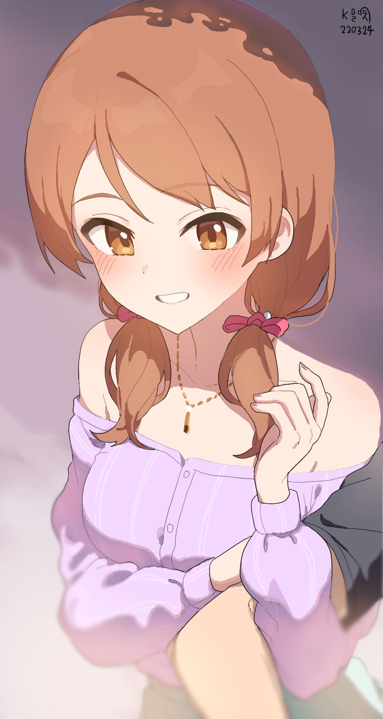 myeolchi, hojo karen, idolmaster, idolmaster cinderella girls, highres, 1boy, 1girl, arm hug, blush, breasts, grin, hetero, jewelry, low twintails, necklace, orange eyes, orange hair, out of frame, purple shirt, shirt, smile, solo focus, twintails
