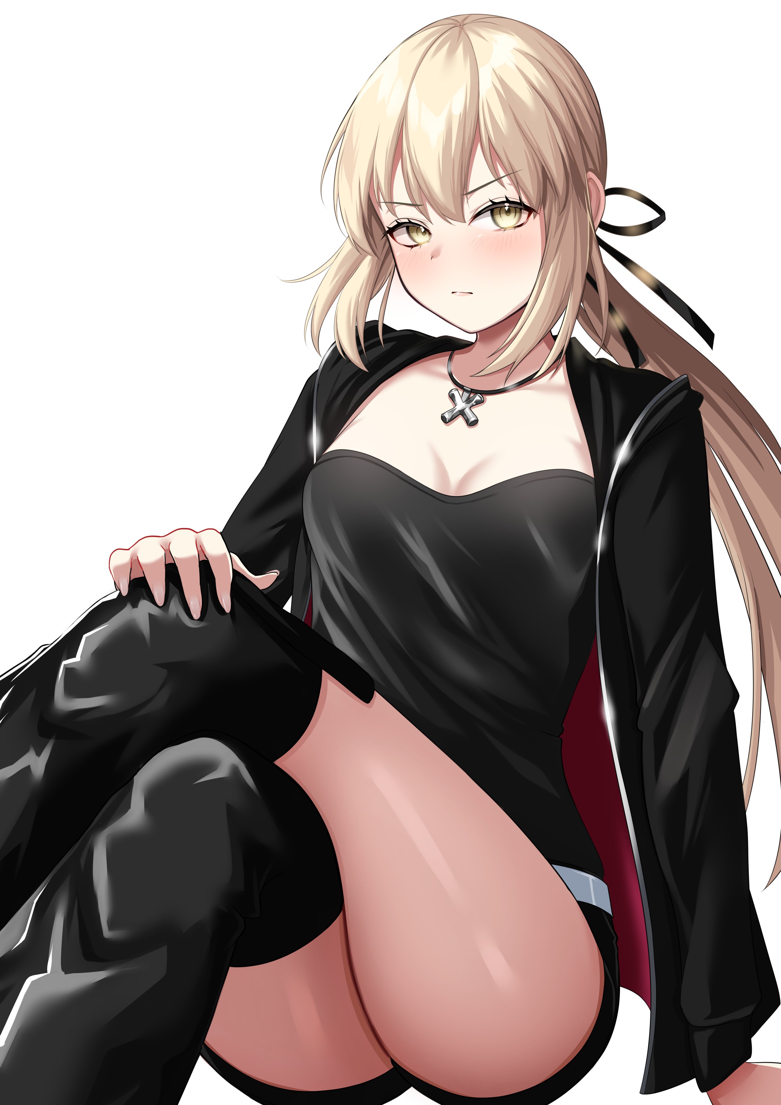 nigori (keydoor), artoria pendragon (fate), saber alter, saber alter (ver. shinjuku 1999), fate/grand order, fate (series), absurdres, highres, 1girl, black boots, black camisole, black jacket, black ribbon, black shorts, blonde hair, blush, boots, breasts, camisole, cleavage, crossed legs, hair ribbon, jacket, jewelry, long hair, long sleeves, looking at viewer, low ponytail, medium breasts, necklace, open clothes, open jacket, ponytail, ribbon, short shorts, shorts, sidelocks, sitting, solo, thigh boots, thighs, yellow eyes