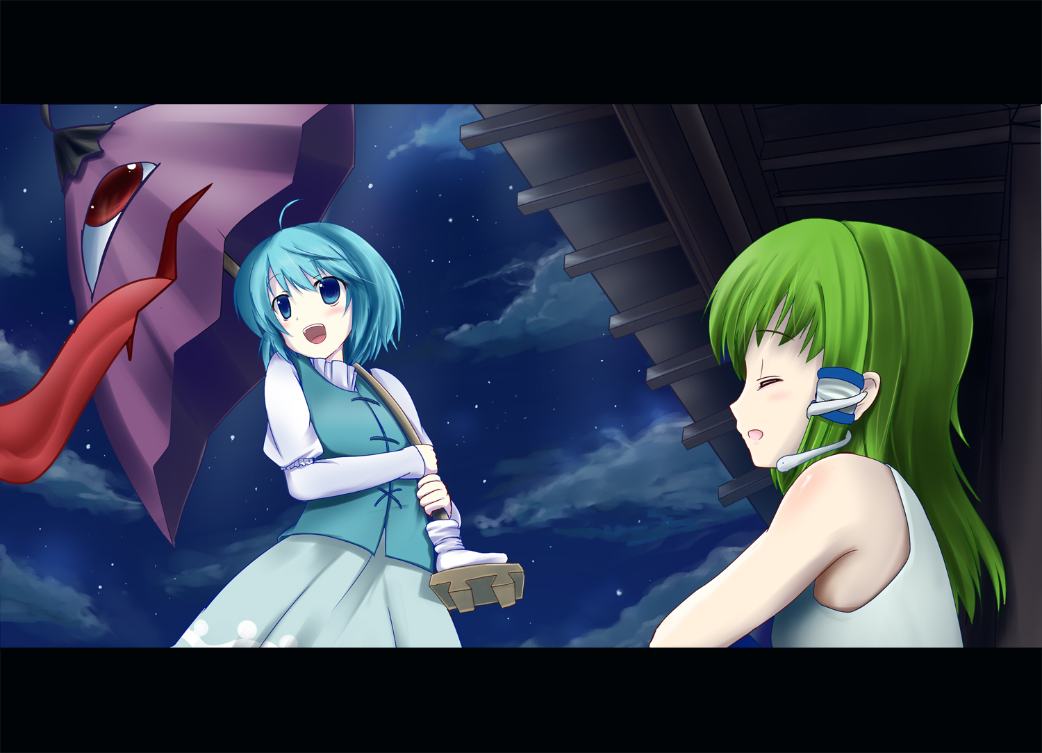 hiiragi mitsuna, kochiya sanae, tatara kogasa, touhou, 2girls, blue eyes, blue hair, closed eyes, cloud, female focus, green hair, karakasa obake, multiple girls, outdoors, sky, smile, standing, umbrella