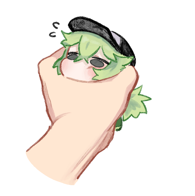 n (pokemon), nintendo, pokemon, pokemon bw, commentary, english commentary, 1boy, 1other, baseball cap, crossed bangs, double-parted bangs, flying sweatdrops, green hair, grey eyes, hat, male focus, mini person, miniboy, n h0lic, ponytail, pov, pov hands, simple background, solo focus, white background