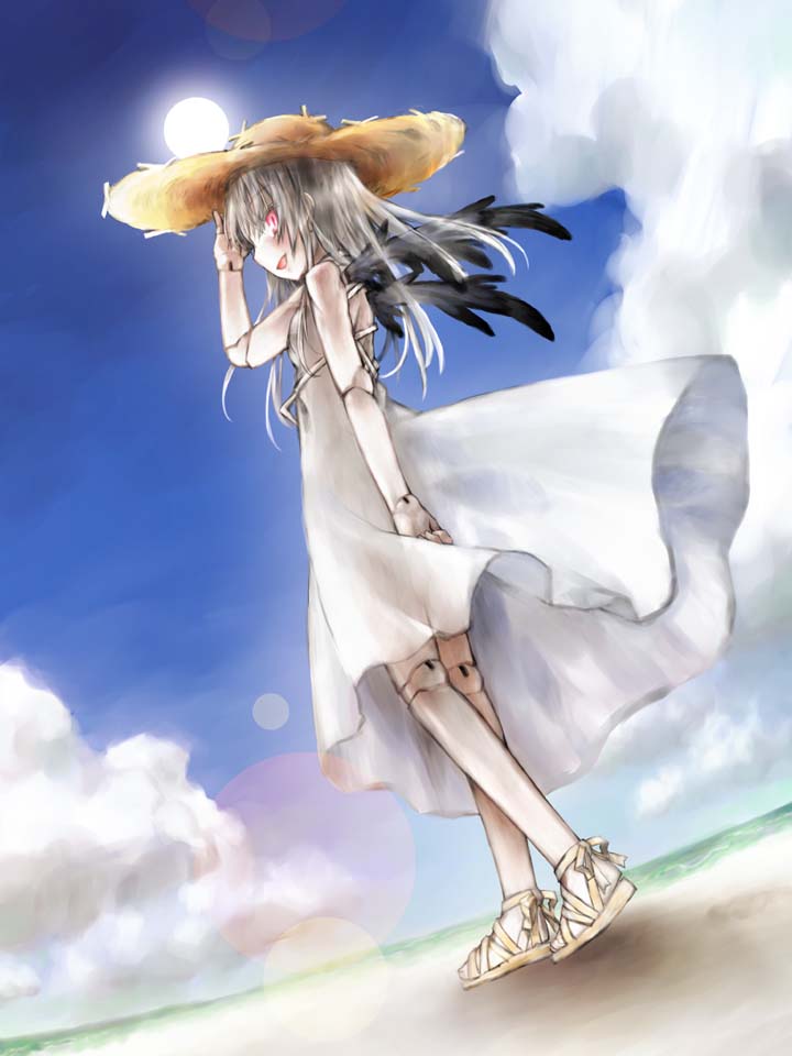 kakashichi, suigintou, rozen maiden, silver hair, 00s, 1girl, beach, cloud, day, doll joints, dress, female focus, hat, joints, long hair, outdoors, pink eyes, sky, solo, sun, water, wings