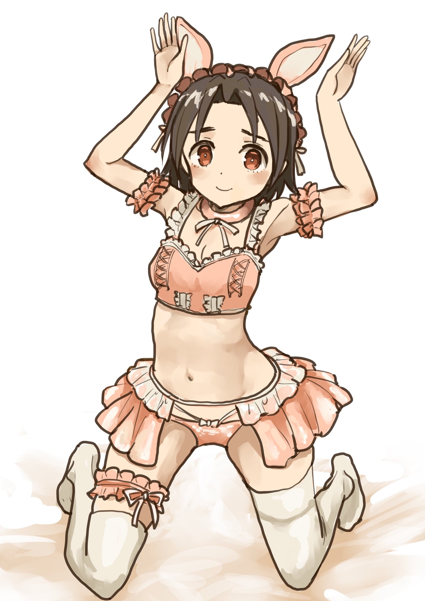 murayama kei, sawa azusa, girls und panzer, highres, 1girl, alternate costume, animal ears, blush, bra, brown hair, fake animal ears, kneeling, looking at viewer, navel, pink bra, pink skirt, rabbit ears, rabbit pose, red eyes, short hair, simple background, skirt, smile, solo, stomach, thighhighs, underwear, white background, white thighhighs