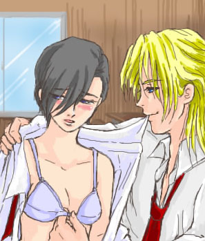 lucrezia noin, milliardo peacecraft, zechs merquise, gundam, gundam wing, lowres, 1990s (style), 1boy, 1girl, asymmetrical hair, blush, bra, bra pull, clothes pull, collarbone, lingerie, mouth hold, necktie, open clothes, open shirt, pulling own clothes, red necktie, retro artstyle, shirt, underwear, undressing, upper body, white shirt