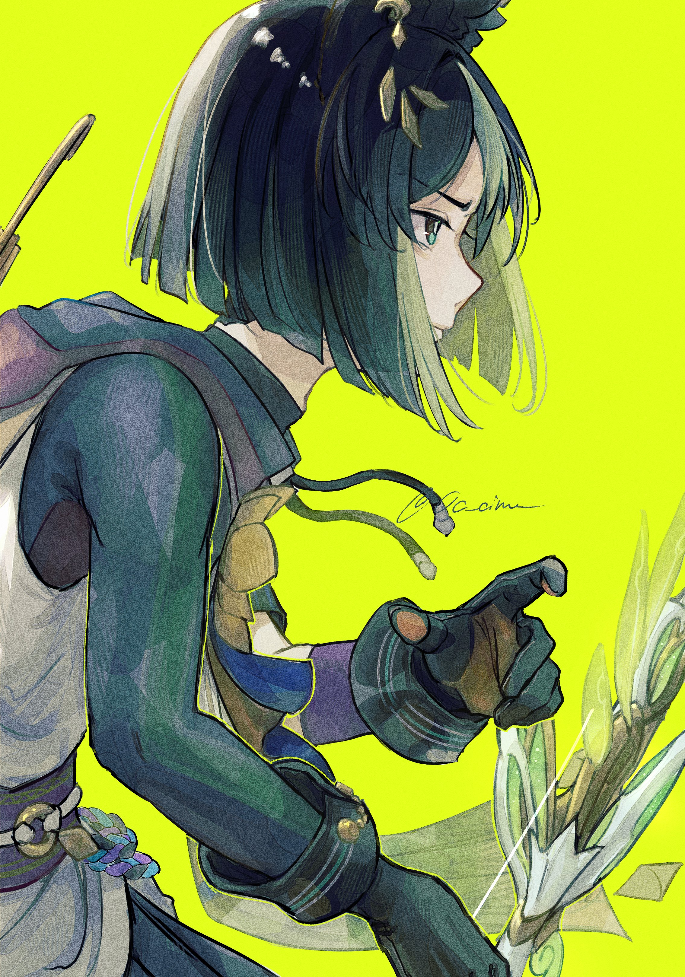 oimo (0o oimo ), tighnari (genshin impact), genshin impact, absurdres, highres, 1boy, black cape, black gloves, blunt ends, bow (weapon), cape, cowboy shot, from side, gloves, green background, green eyes, holding, holding bow (weapon), holding weapon, long sleeves, male focus, multicolored hair, o-ring, parted bangs, solo, streaked hair, weapon