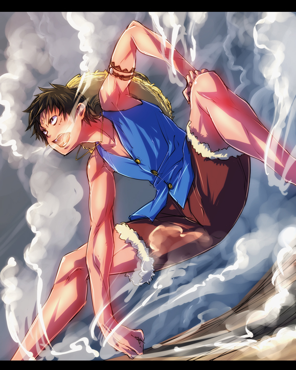 nekomamire, monkey d. luffy, one piece, 1boy, epic, fighting stance, fisheye, gear second, hat, letterboxed, male focus, pirate, scar, short hair, solo, steam, straw hat, vest
