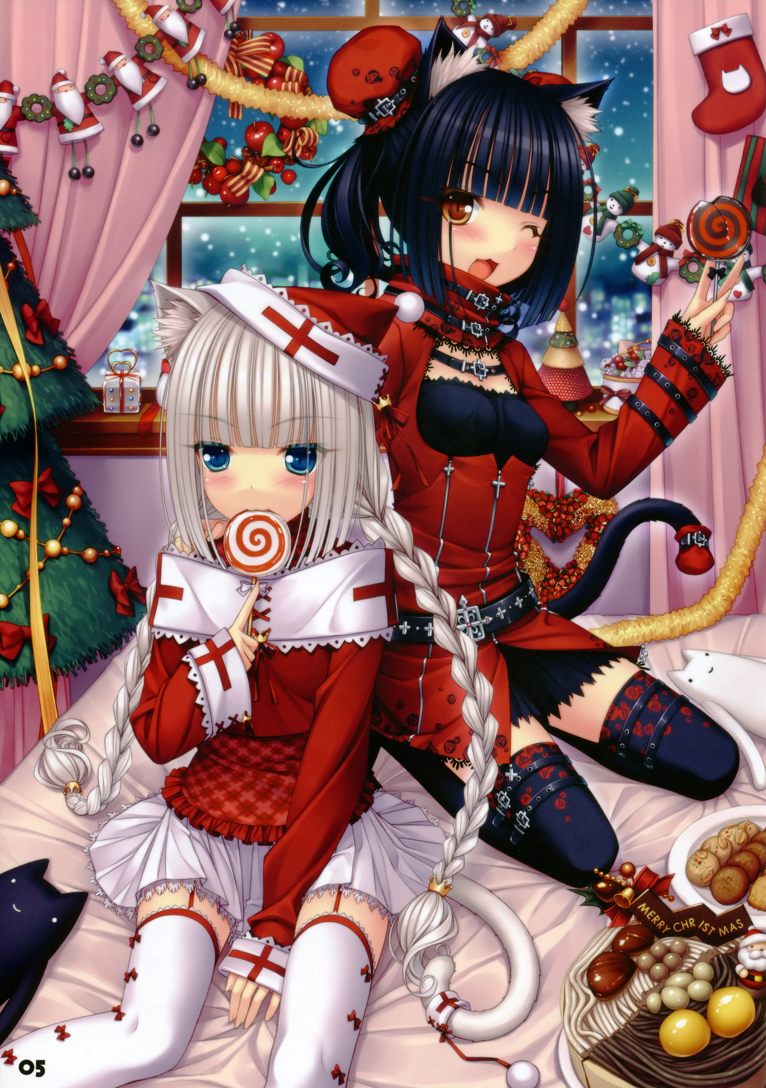chocolat., sayori (neko works), chocola (nekopara), vanilla (nekopara), nekopara, original, absurdres, highres, tagme, 10s, 2girls, absurdly detailed composition, animal ear fluff, animal ears, braid, cat ears, cat girl, cat tail, christmas, christmas tree, food, loaded interior, lolita fashion, multiple girls, siblings, sisters, slit pupils, tail, tail ornament, thighhighs, twins