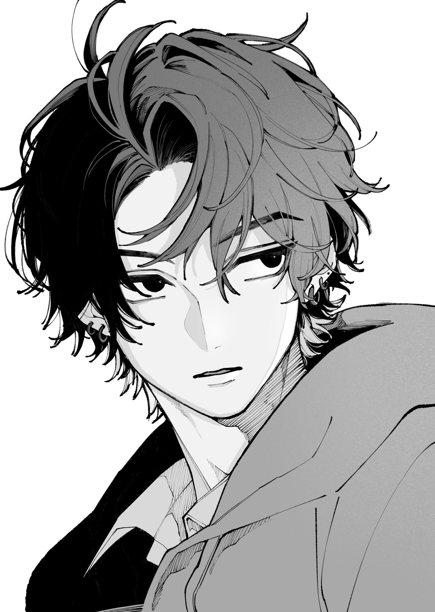 uzcoco 66, commentary request, highres, 1boy, earrings, fall in love you false angels, futagami rai, greyscale, hood, hoodie, jewelry, looking to the side, male focus, monochrome, short hair, simple background, solo
