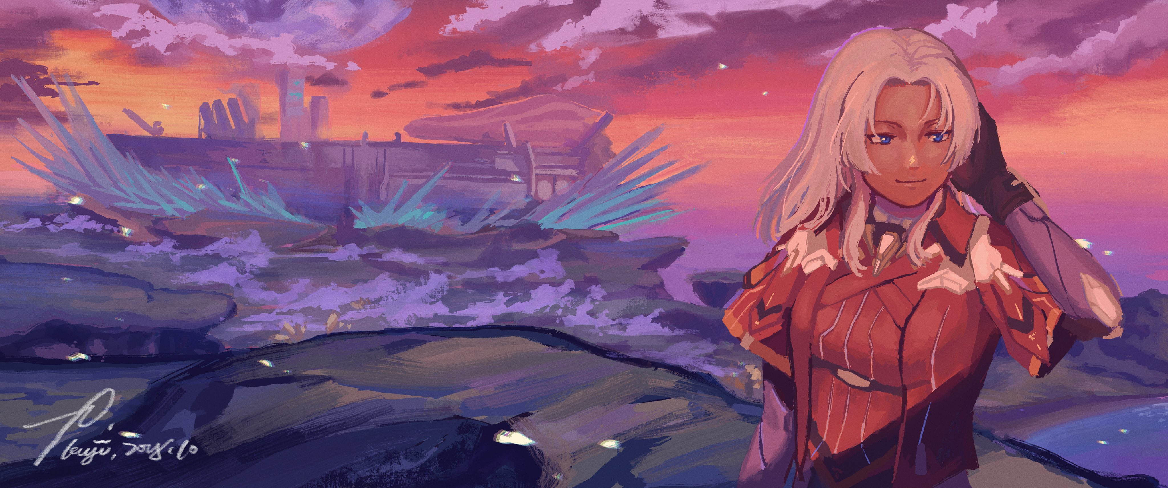 elma (xenoblade x), xenoblade chronicles (series), xenoblade chronicles x, absurdres, commentary request, highres, 1girl, blue eyes, building, closed mouth, cloud, dark-skinned female, dark skin, jacket, kyuubankuji, long hair, looking ahead, orange sky, outdoors, red jacket, scenery, signature, sky, solo, standing, white hair