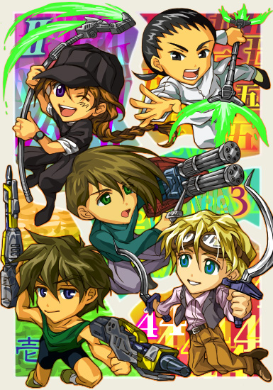 ve-le-ta, chang wufei, duo maxwell, heero yuy, quatre raberba winner, trowa barton, gundam, gundam wing, 1990s (style), 5boys, chibi, multiple boys, ponytail, retro artstyle