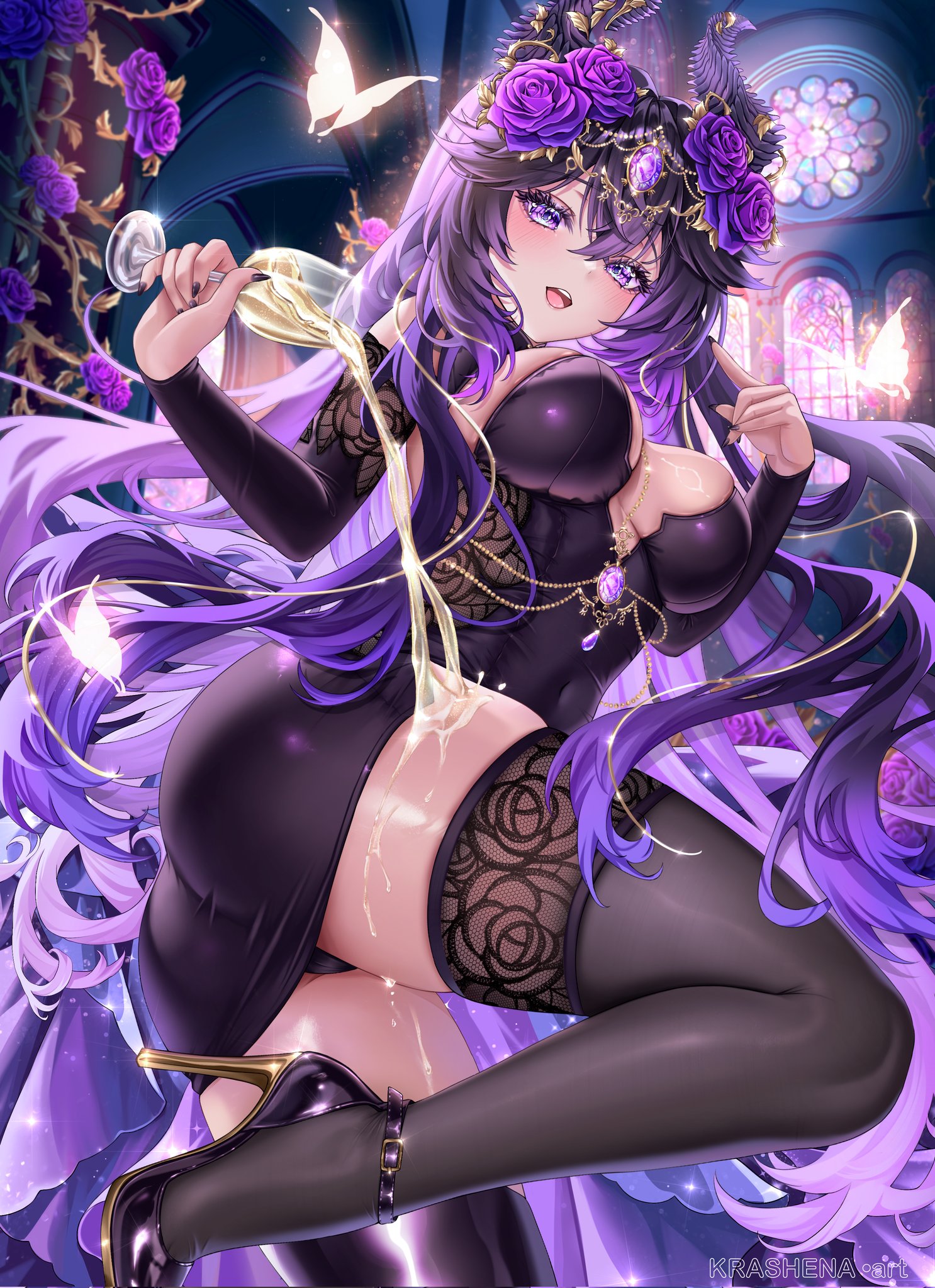 unjaded (vtuber), indie virtual youtuber, commission, corrupted twitter file, highres, 1girl, artist name, black dress, black hair, black nails, black shoes, breasts, bug, butterfly, cup, dress, drinking glass, eyelashes, flower, gradient hair, hair flower, hair ornament, high heels, holding, holding cup, horns, insect, krashena, long hair, multicolored hair, open mouth, pouring, pouring onto self, purple eyes, purple flower, purple hair, purple rose, rose, shoes, solo, stained glass, teeth, thighhighs, upper teeth only, virtual youtuber