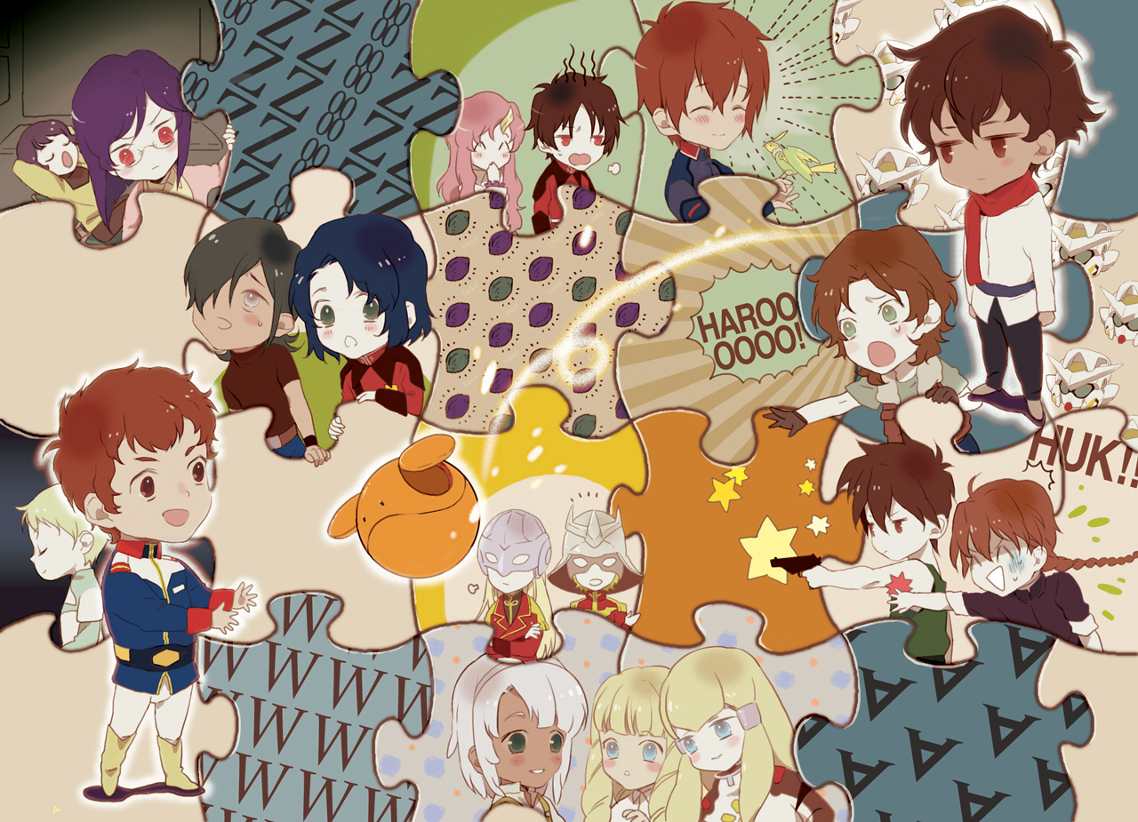 allelujah haptism, amuro ray, athrun zala, char aznable, dianna soreil, duo maxwell, exia, gundam exia, haro, heero yuy, kamille bidan, kihel heim, kira yamato, lacus clyne, lockon stratos, loran cehack, regene regetta, ribbons almark, setsuna f. seiei, zechs merquise, gundam, gundam 00, gundam seed, gundam seed destiny, gundam wing, turn a gundam, zeta gundam, 00s, 1990s (style), 3girls, 6+boys, :d, brown eyes, chibi, full body, in-franchise crossover, jigsaw puzzle, multiple boys, multiple girls, open mouth, puzzle, retro artstyle, short hair, smile, solid circle eyes, standing
