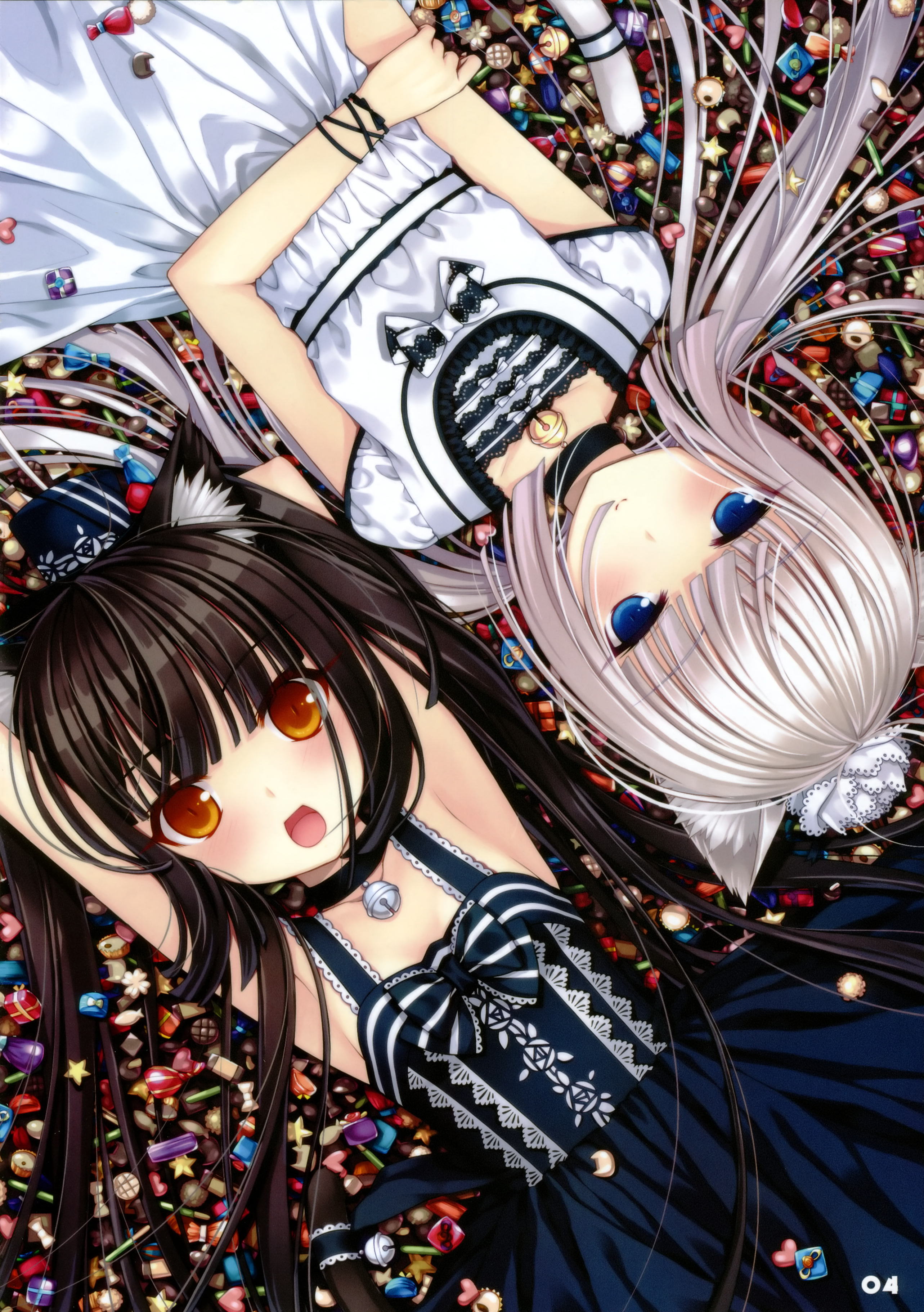 chocolat., sayori (neko works), chocola (nekopara), vanilla (nekopara), nekopara, original, absurdres, highres, 10s, 2girls, animal ear fluff, animal ears, bell, blue eyes, blush, brown hair, candy, cat ears, cat girl, cat tail, food, gothic lolita, lolita fashion, looking at viewer, multiple girls, neck bell, orange eyes, siblings, sisters, sleeveless, slit pupils, smile, tail, tail ornament, twins, white hair