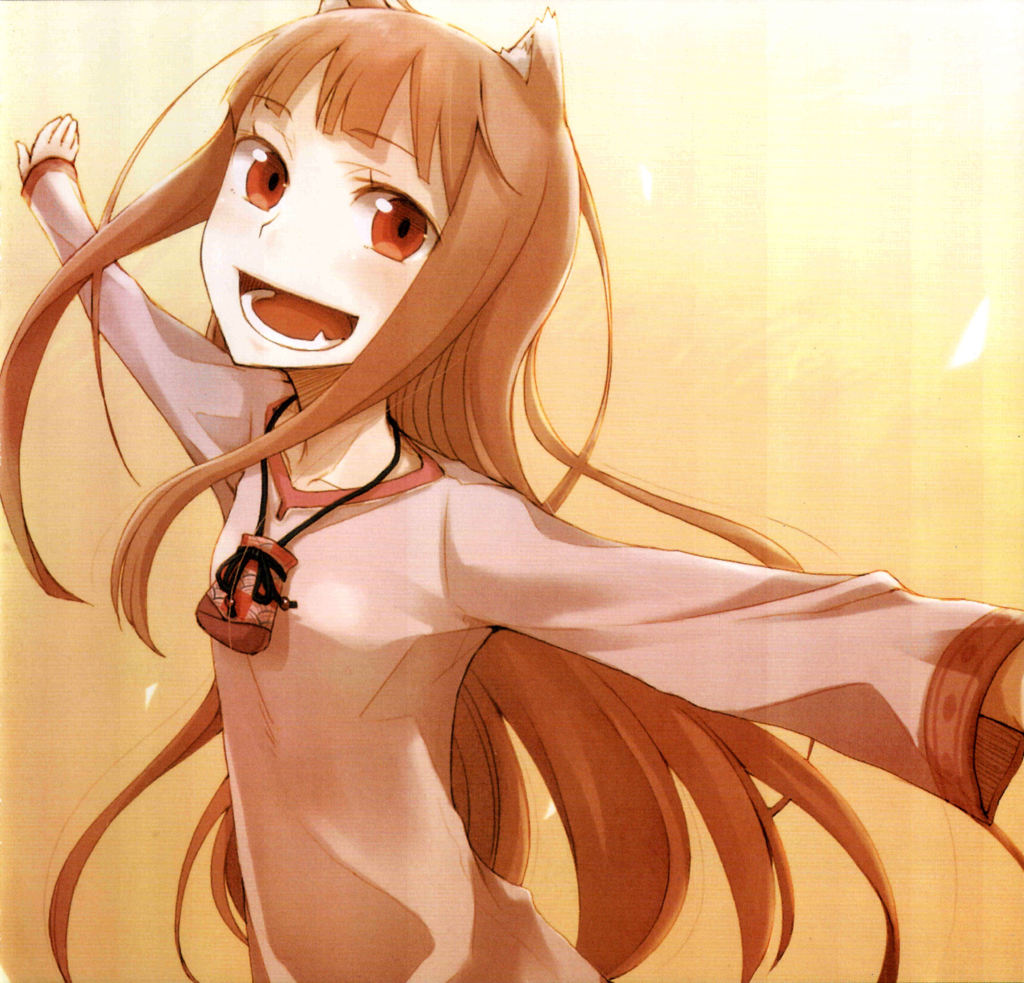 ayakura juu, holo, spice and wolf, absurdres, highres, 00s, 1girl, animal ears, brown hair, fang, female focus, long hair, pouch, red eyes, smile, solo, wolf ears