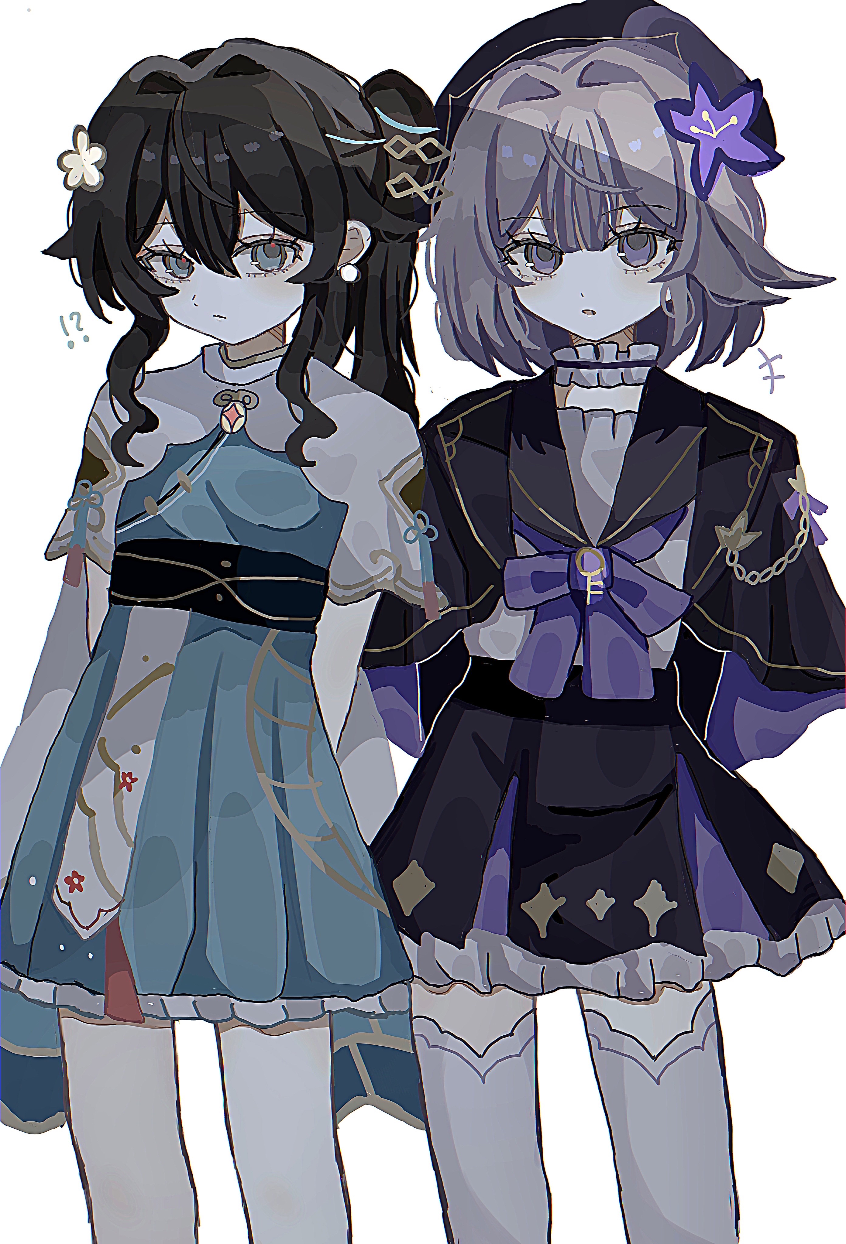 sayu (r12 34), herta (honkai: star rail), herta (stars silent as enigmas) (honkai: star rail), ruan mei (honkai: star rail), honkai: star rail, honkai (series), absurdres, commentary request, highres, !?, 2girls, aged down, aqua dress, aqua eyes, arms behind back, beret, black dress, black hair, black hat, bow, bowtie, brown hair, closed mouth, dress, earrings, feet out of frame, flower, hair between eyes, hair flower, hair ornament, hat, hat flower, jewelry, long hair, looking at viewer, multiple girls, official alternate costume, parted lips, ponytail, purple bow, purple bowtie, purple eyes, sailor collar, short hair, simple background, thighhighs, white background, white thighhighs